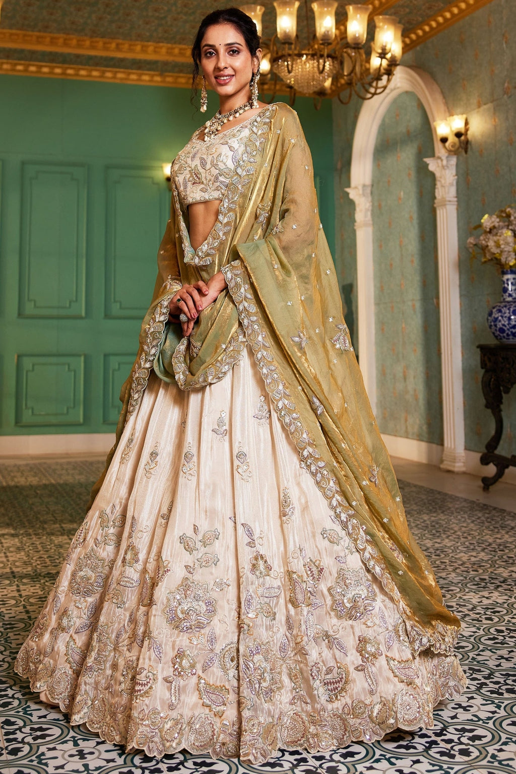 Premium Pure Tissue Ivory Cream Designer Lehenga Choli With Sage Green Fendi Dupatta