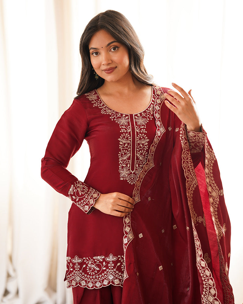 Reddish Maroon Color Roman Silk Farshi Salwar Suit