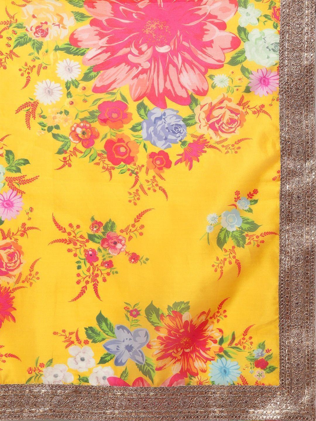 Mustard Floral Digital Printed Organza Bridal Lehenga Choli