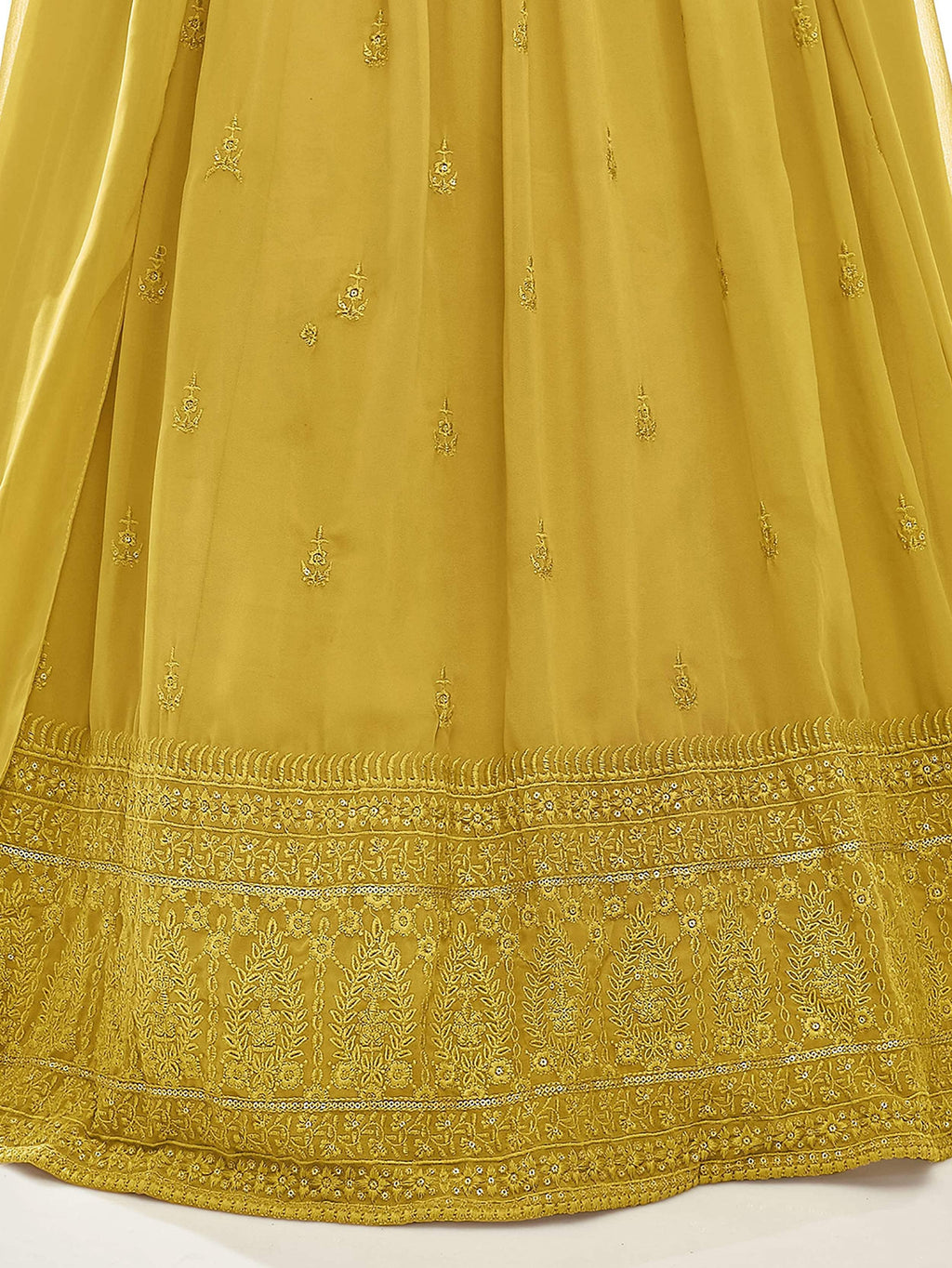 Pleasant Mustard Yellow Embroidered Georgette Lehenga Choli