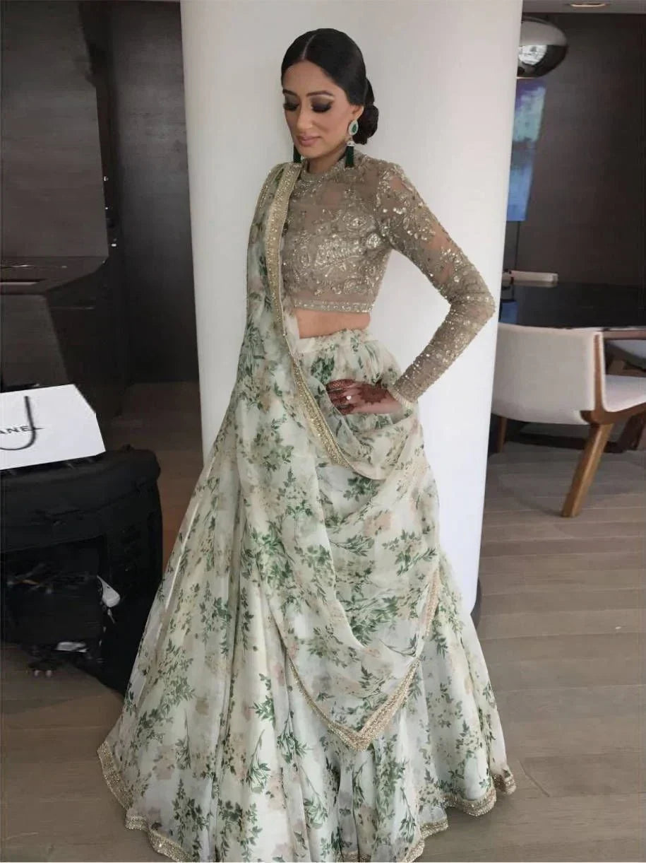 White Sabyasachi Floral Organza Party Wear Saree
