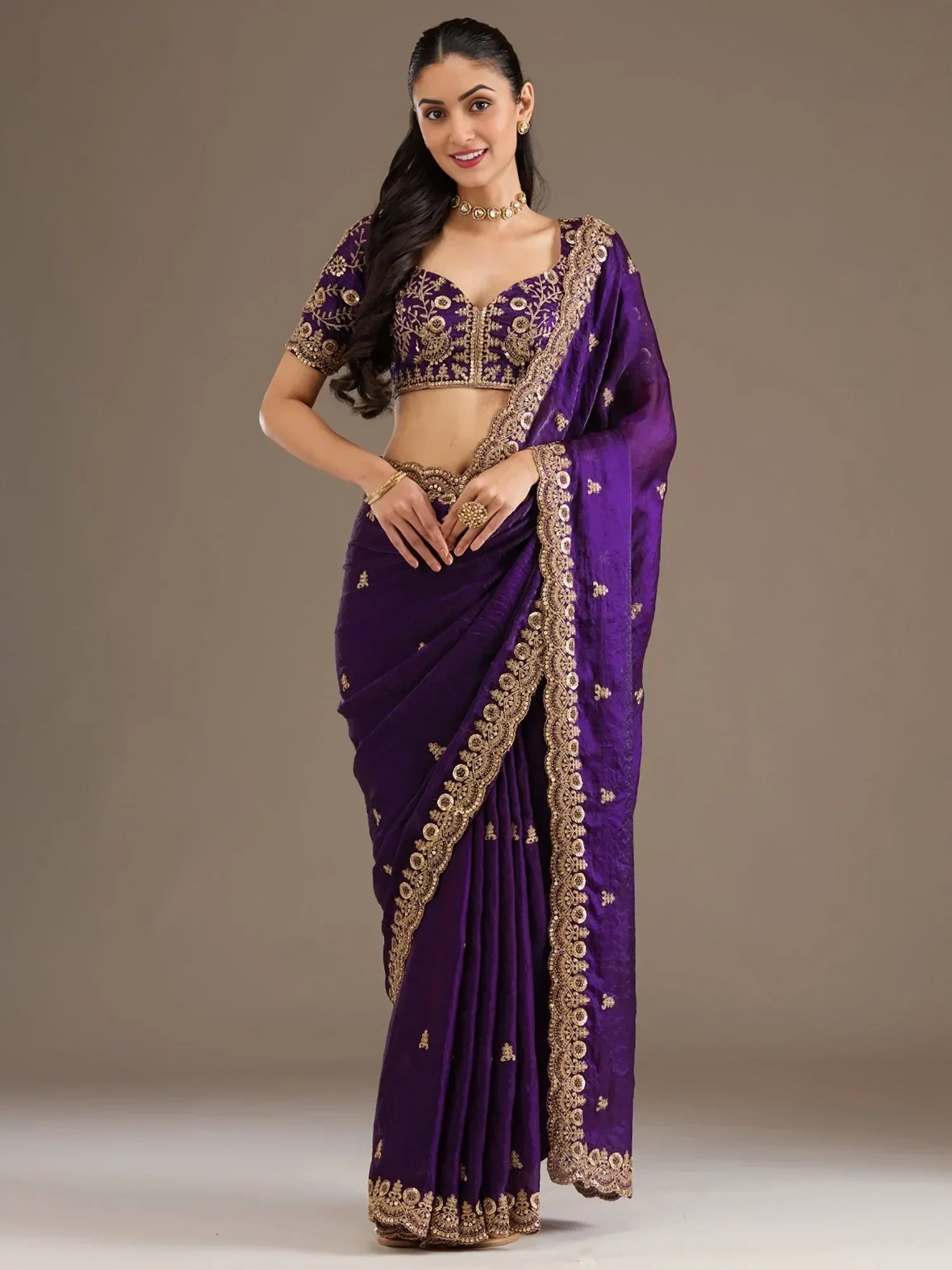 Purple Elegant Embroidered Tissue Silk Party Wear Saree With Blouse