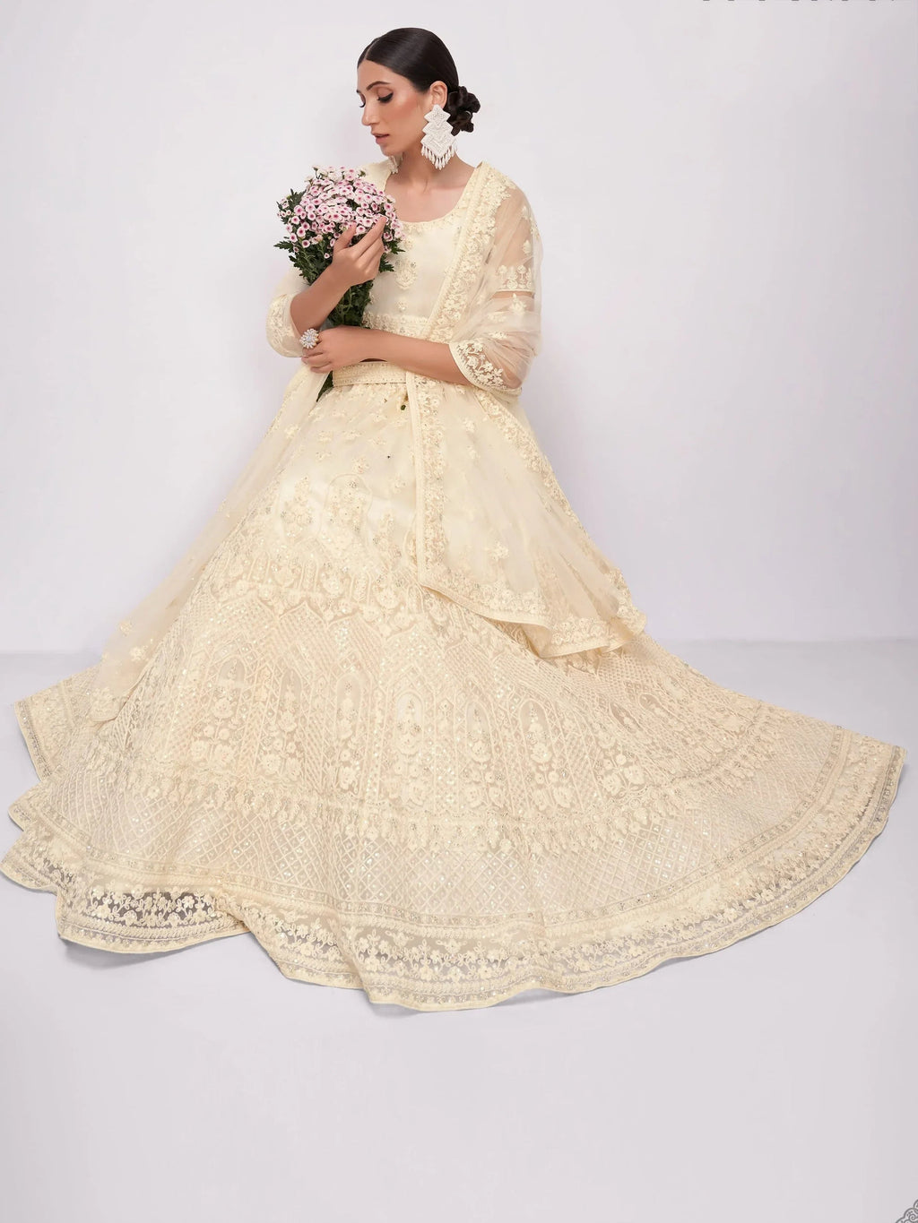 Glamorous Off-White Sequins Embroidery Net Monochrome Lehenga Choli