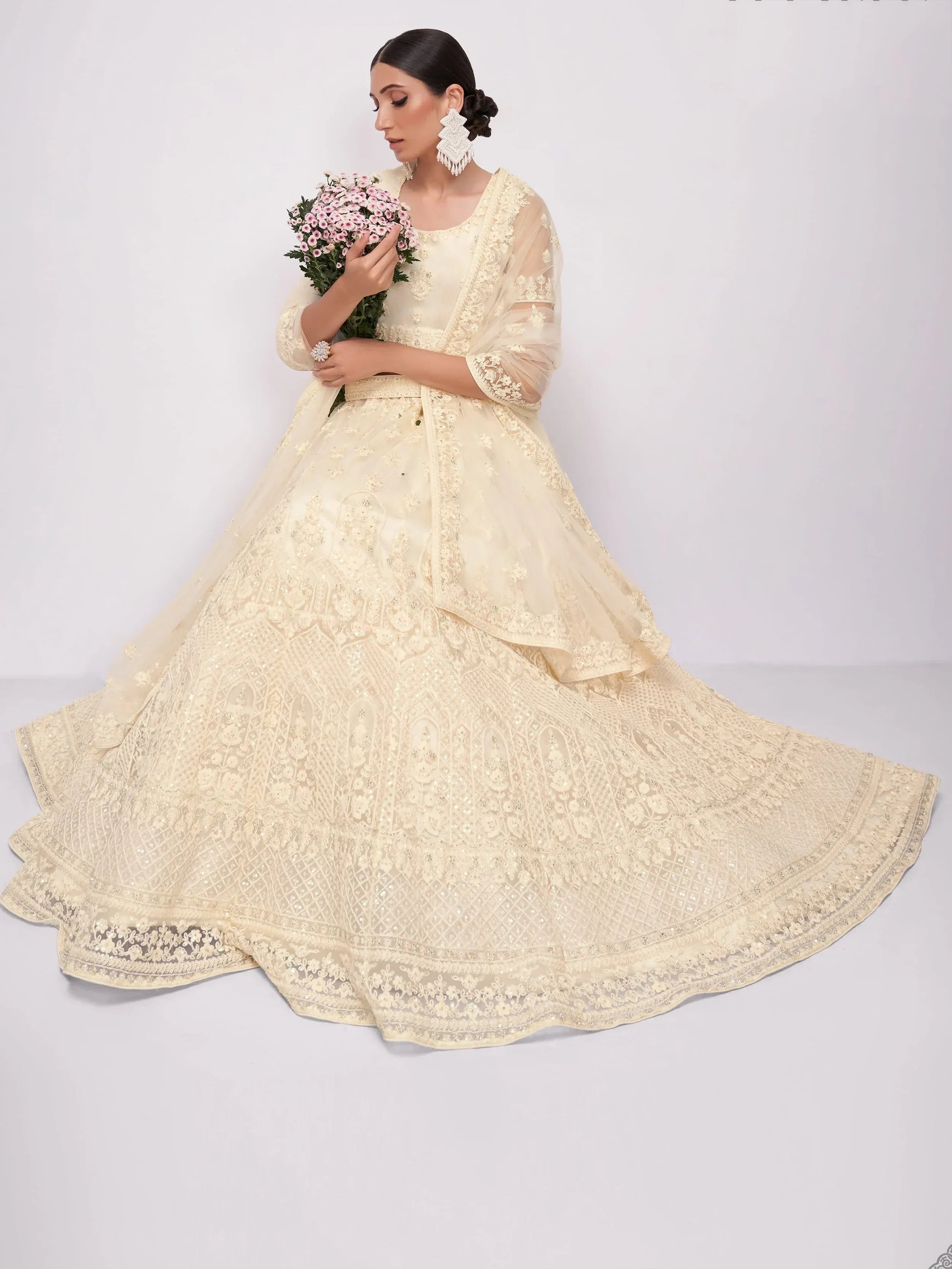 Glamorous Off-White Sequins Embroidery Net Monochrome Lehenga Choli