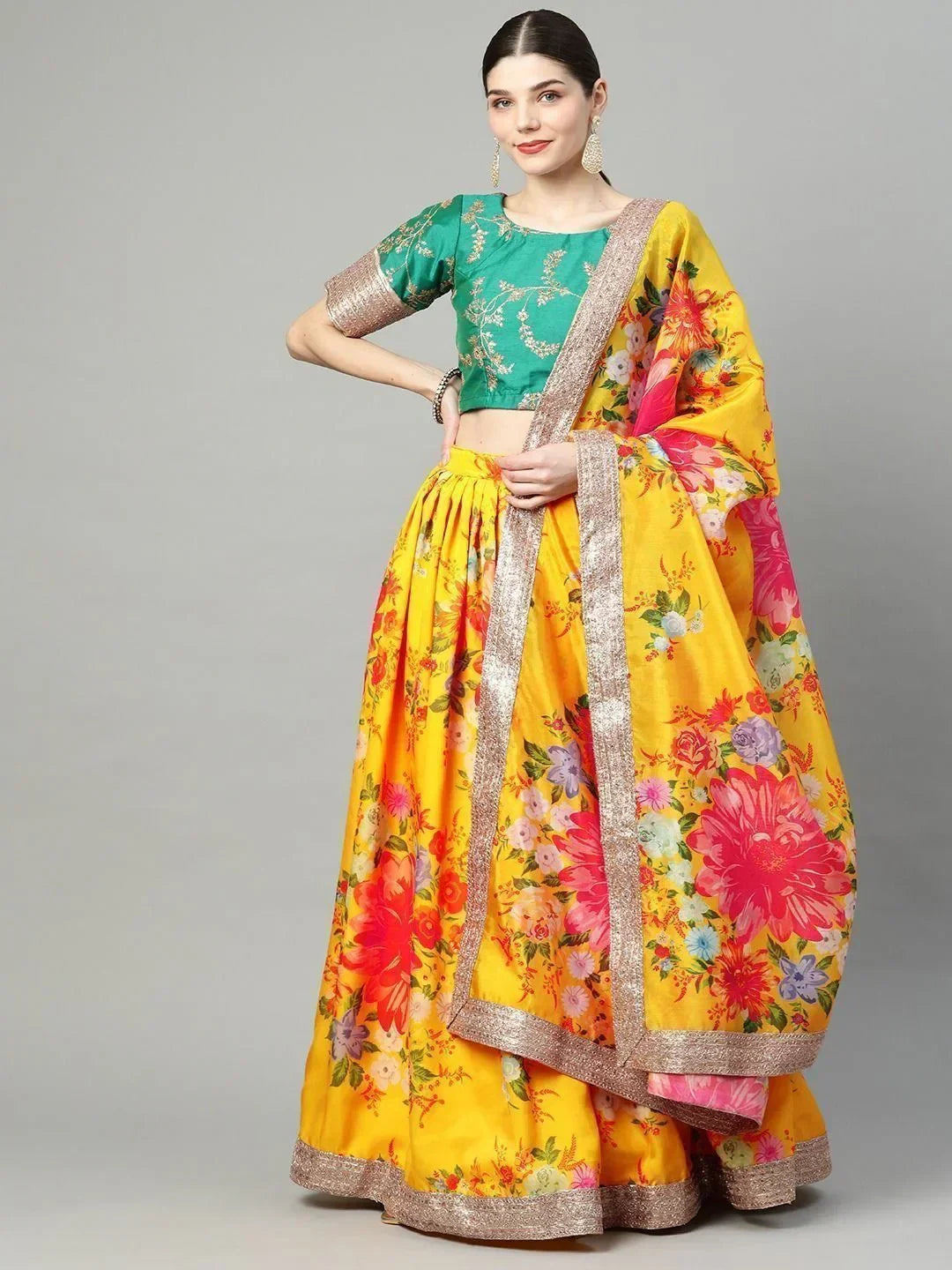 Mustard Floral Digital Printed Organza Bridal Lehenga Choli
