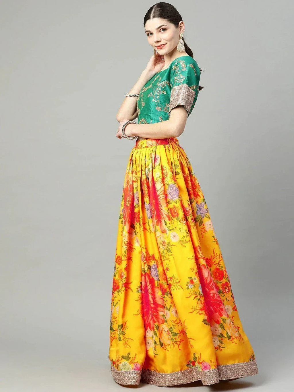 Mustard Floral Digital Printed Organza Bridal Lehenga Choli