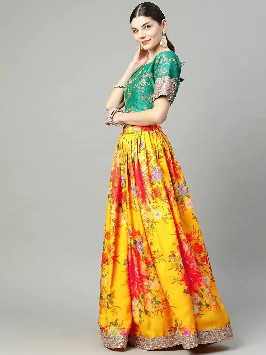 Mustard Floral Digital Printed Organza Bridal Lehenga Choli