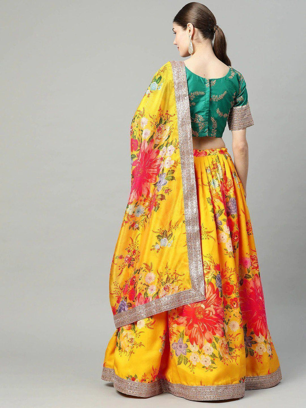 Mustard Floral Digital Printed Organza Bridal Lehenga Choli