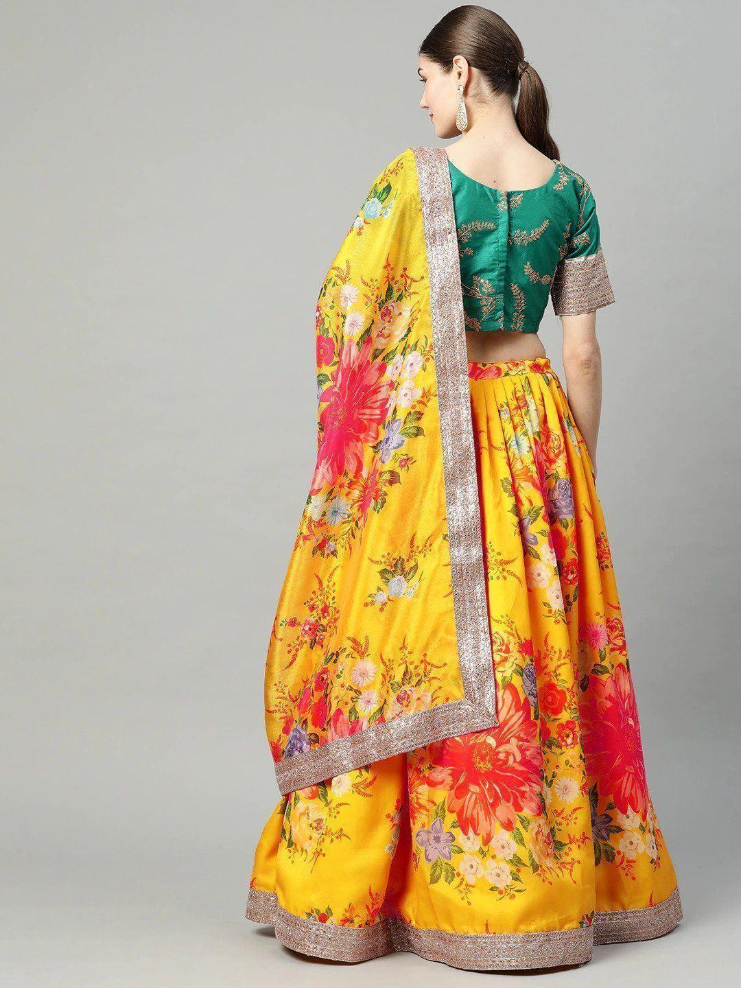 Mustard Floral Digital Printed Organza Bridal Lehenga Choli