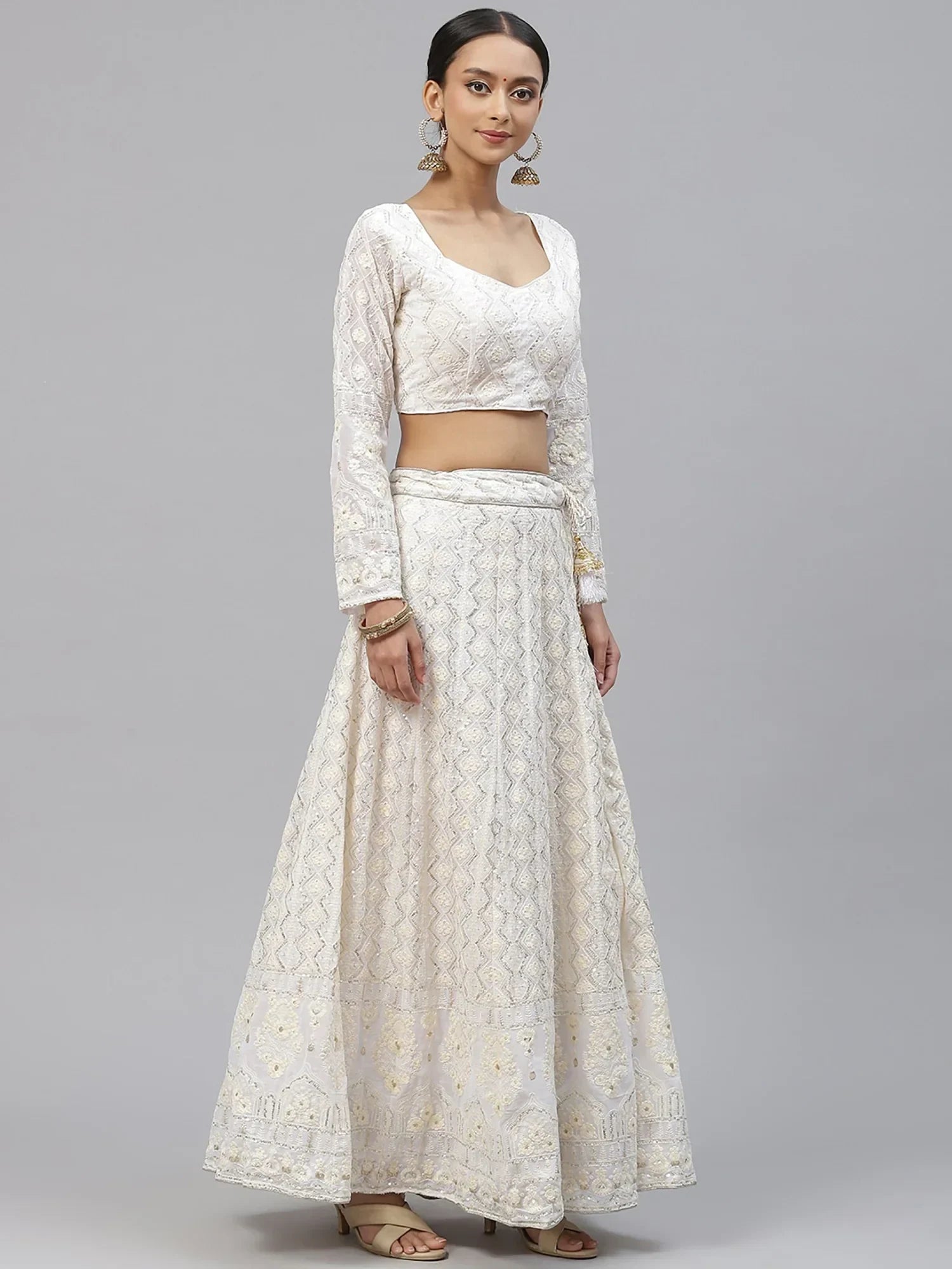 Impressive White Sequins Bridesmaid Monochrome Lehenga Choli