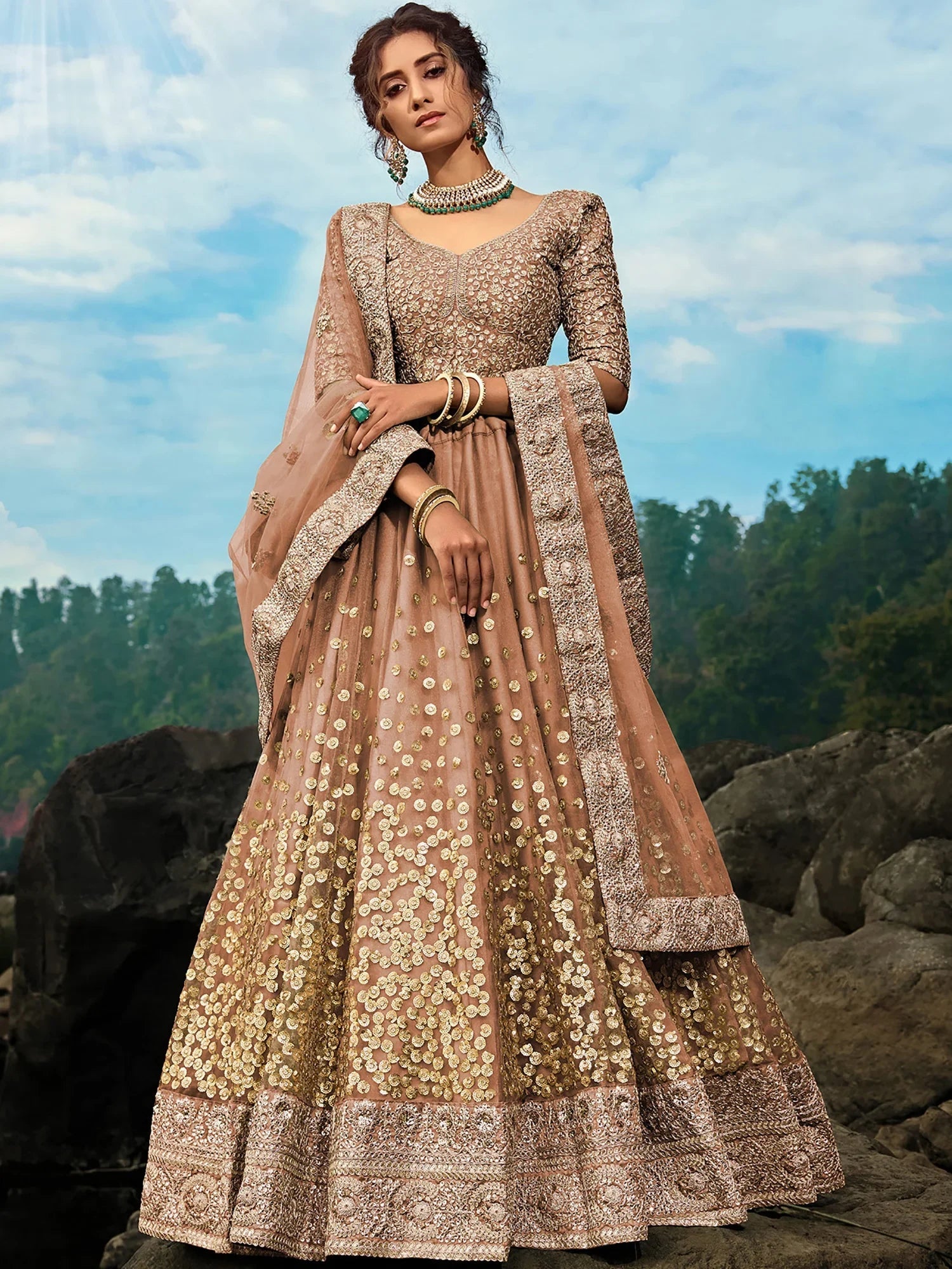 Fabulous Brown Sequins Net Wedding Wear Plus Size Lehenga Choli