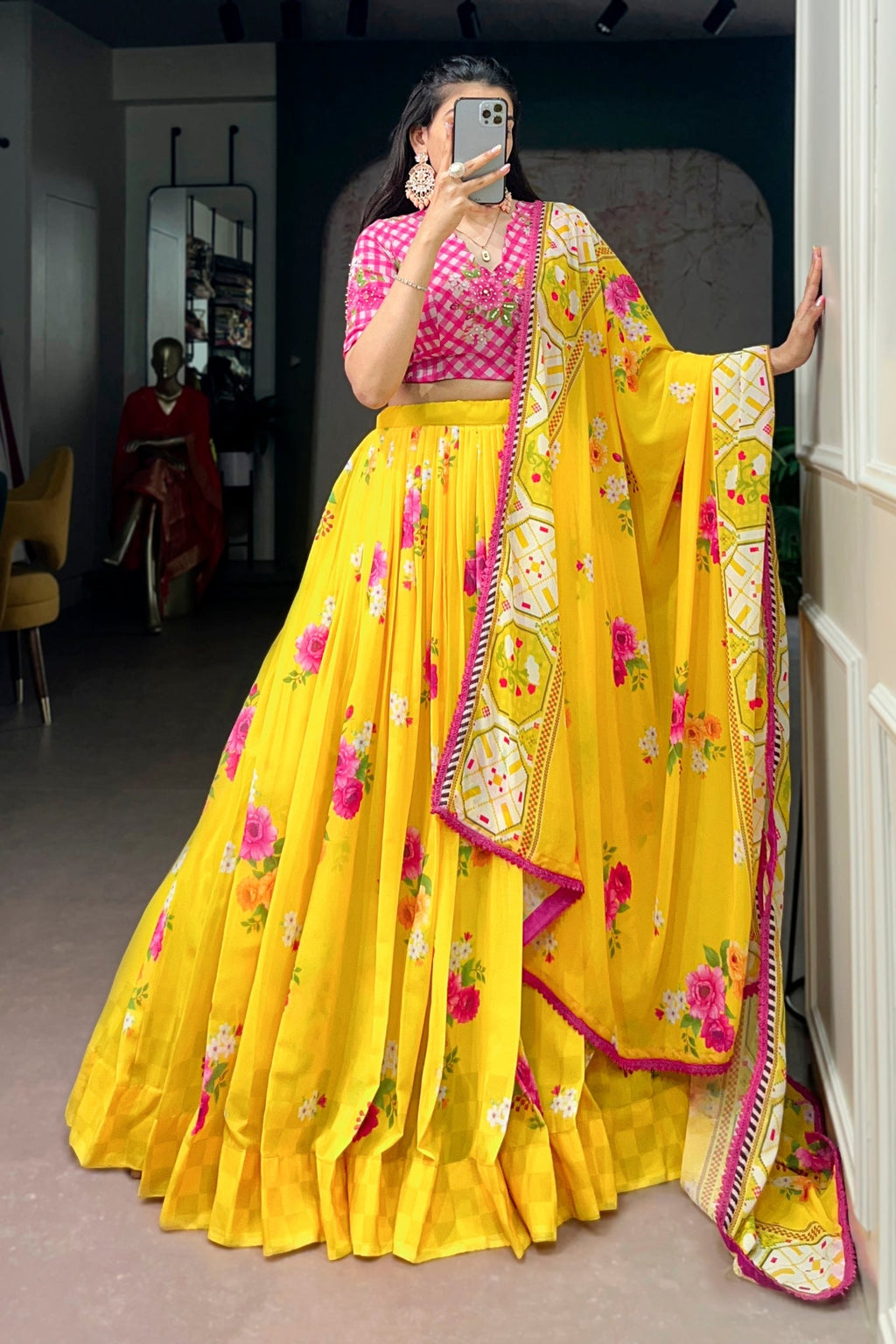 Designer Yellow Floral Georgette Lehenga Choli With Handwork Blouse & Printed Dupatta For Women