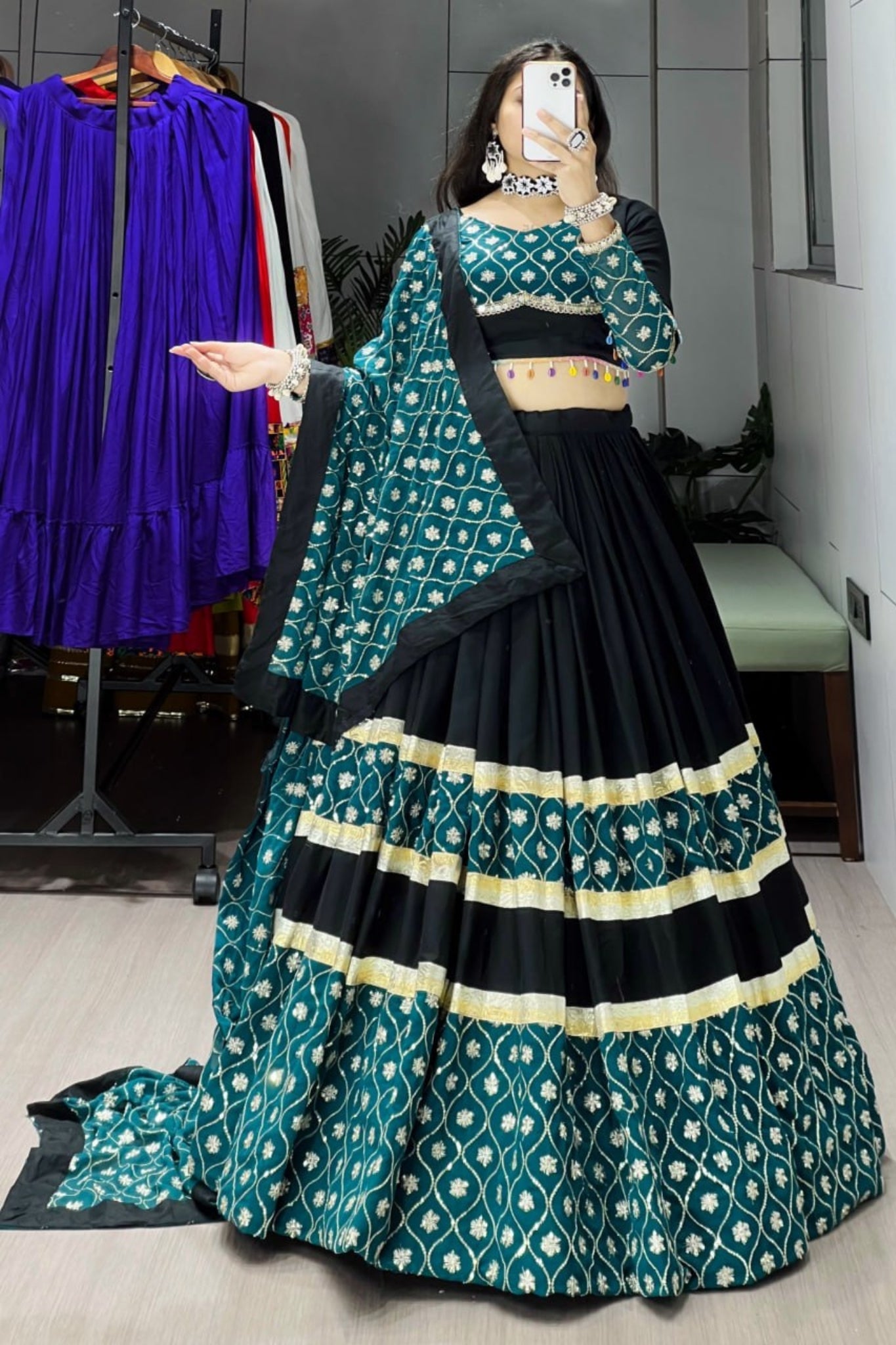 Raasrang Designer Black And Teal Embroidered Navratri Lehenga Choli