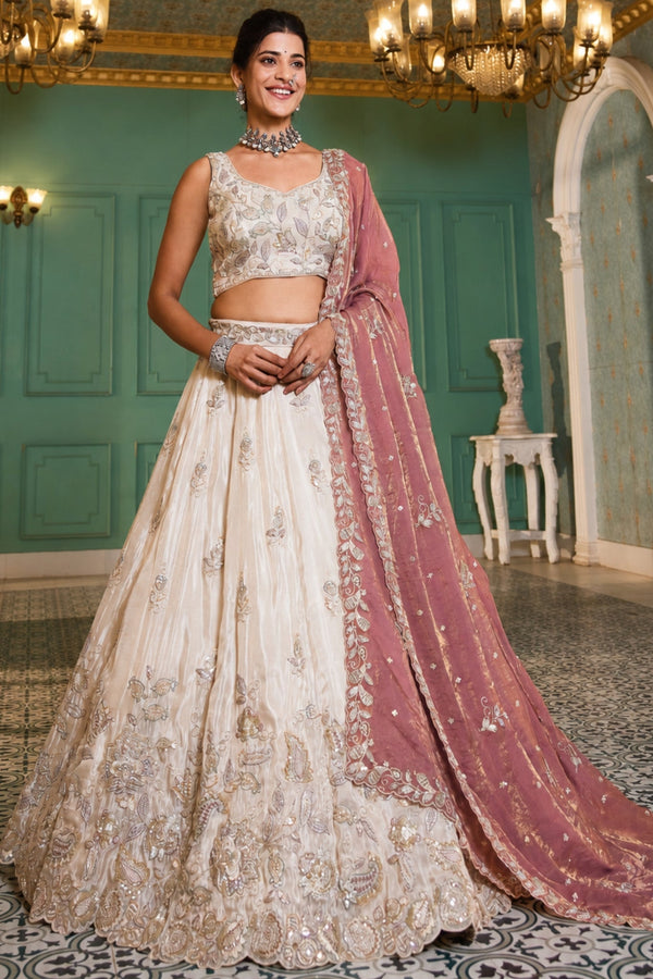 Premium Pure Tissue Ivory Cream Designer Lehenga Choli With Pink Fendi Dupatta