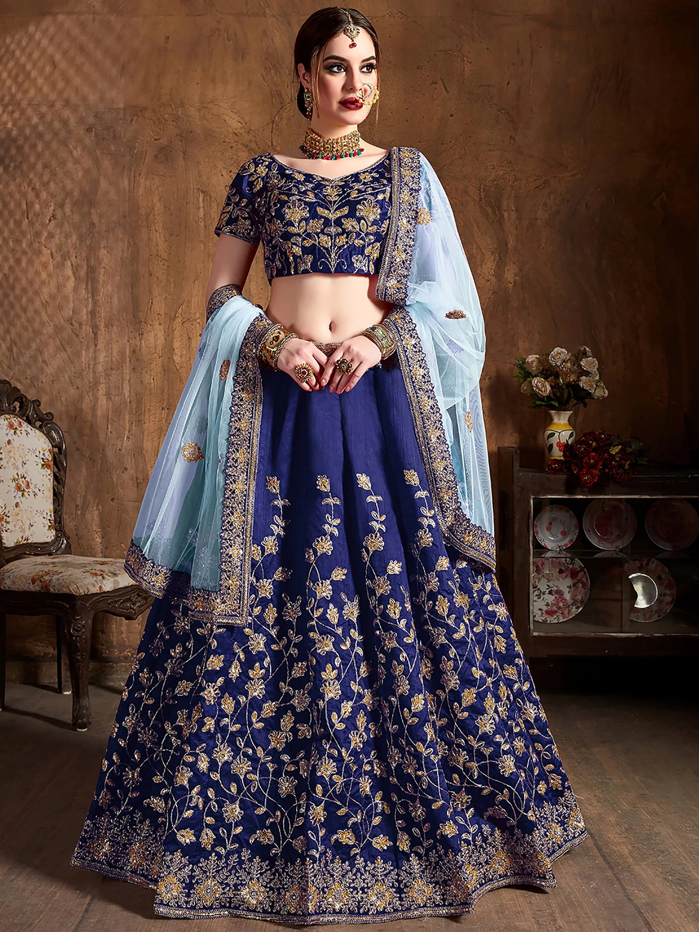 Blue Sequins Raw Silk Bridal Lehenga Choli With Dupatta