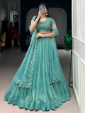 Stunning Sea Green Bead Work Organza Mehendi Wear Lehenga With Blouse