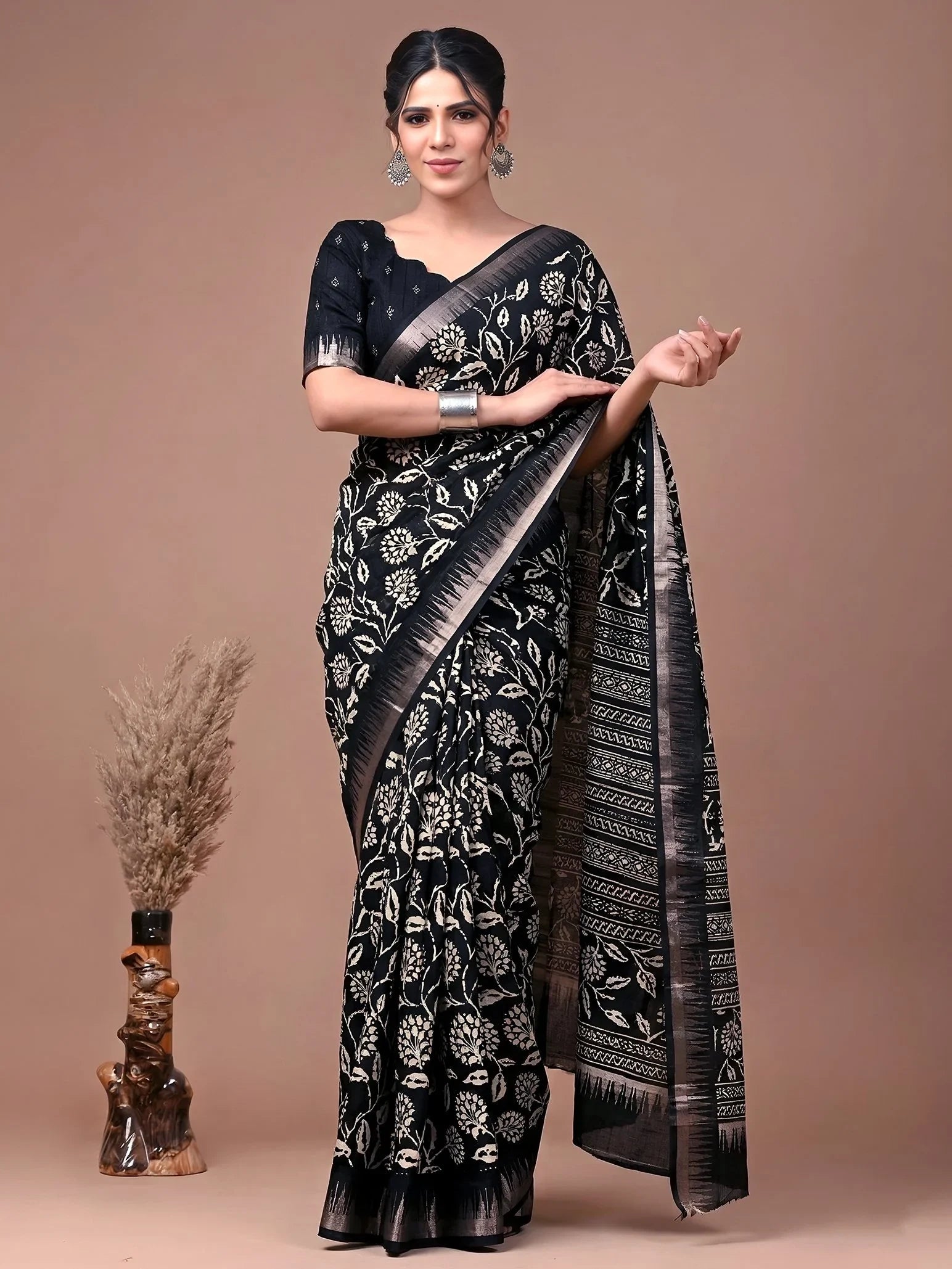 Black Majestic Floral Printed Silk Casual Wear Saree With Blouse