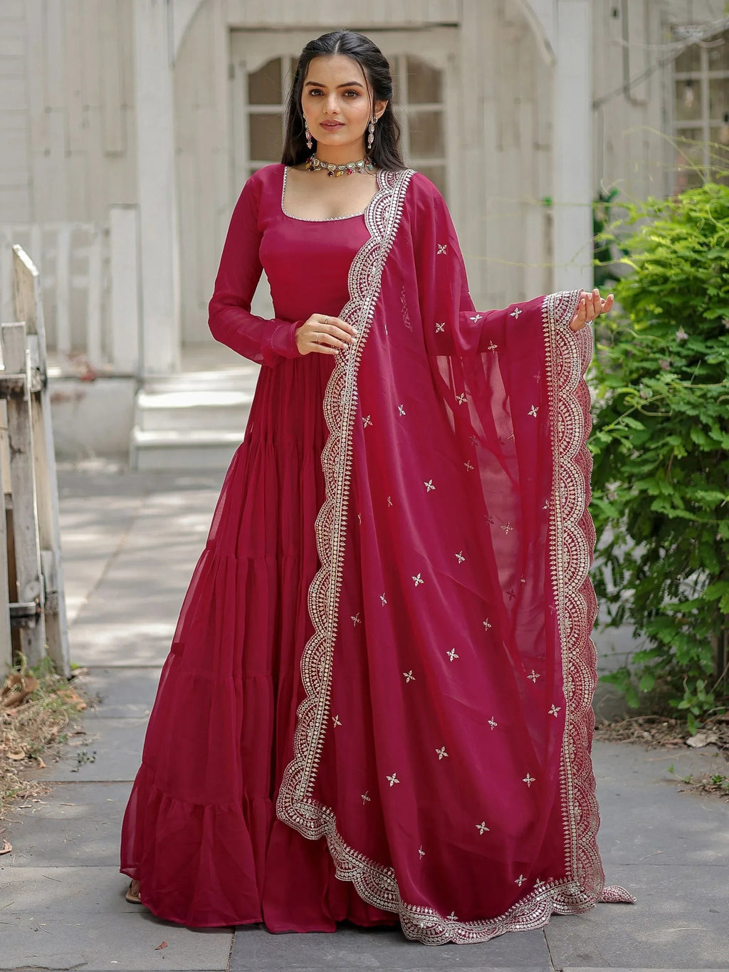 Pink Stunning Georgette Function Wear Plain Gown With Dupatta