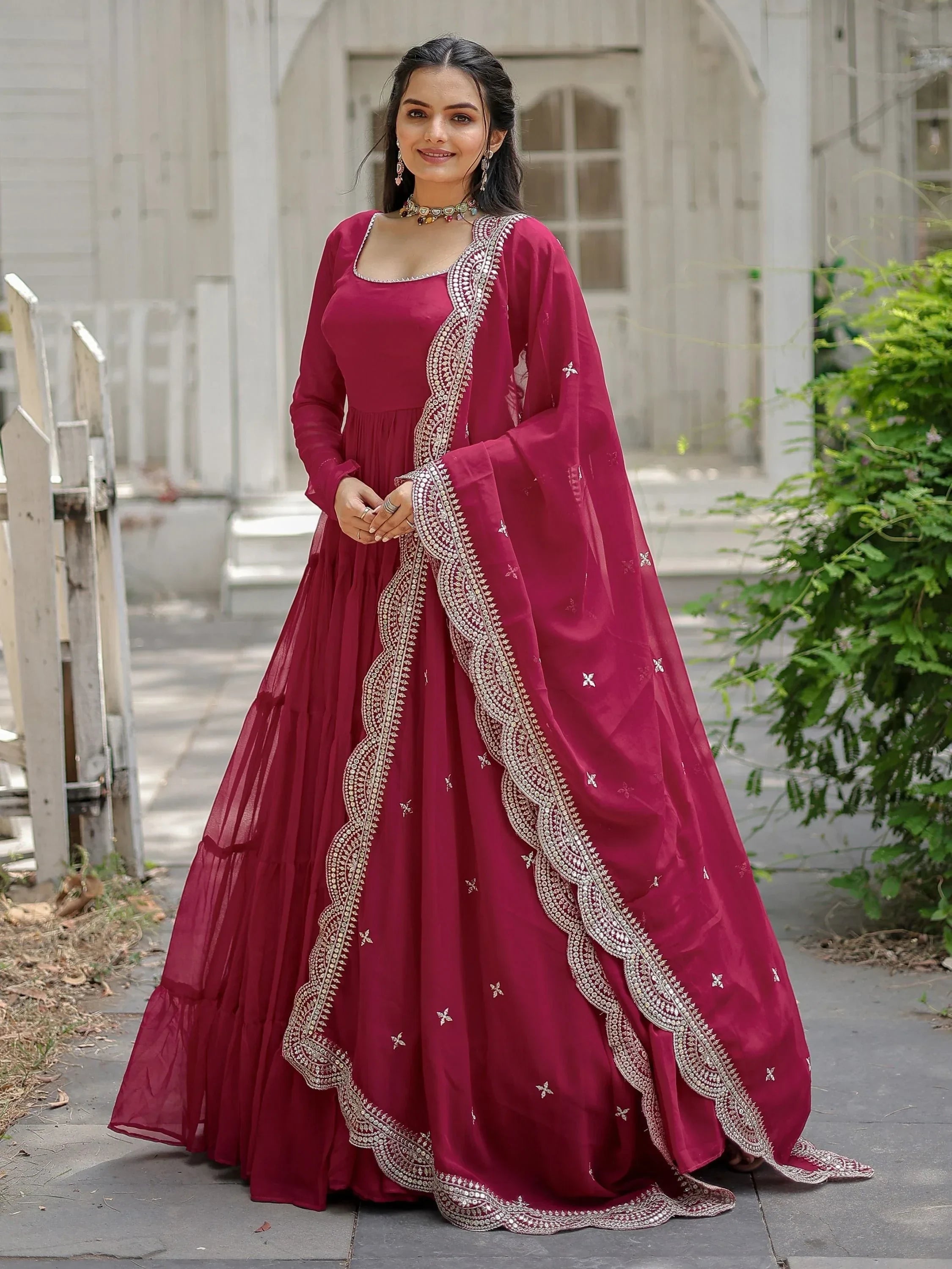 Pink Stunning Georgette Function Wear Plain Gown With Dupatta