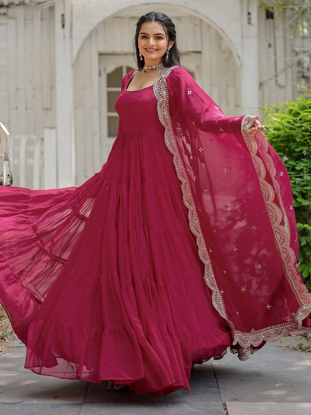 Pink Stunning Georgette Function Wear Plain Gown With Dupatta