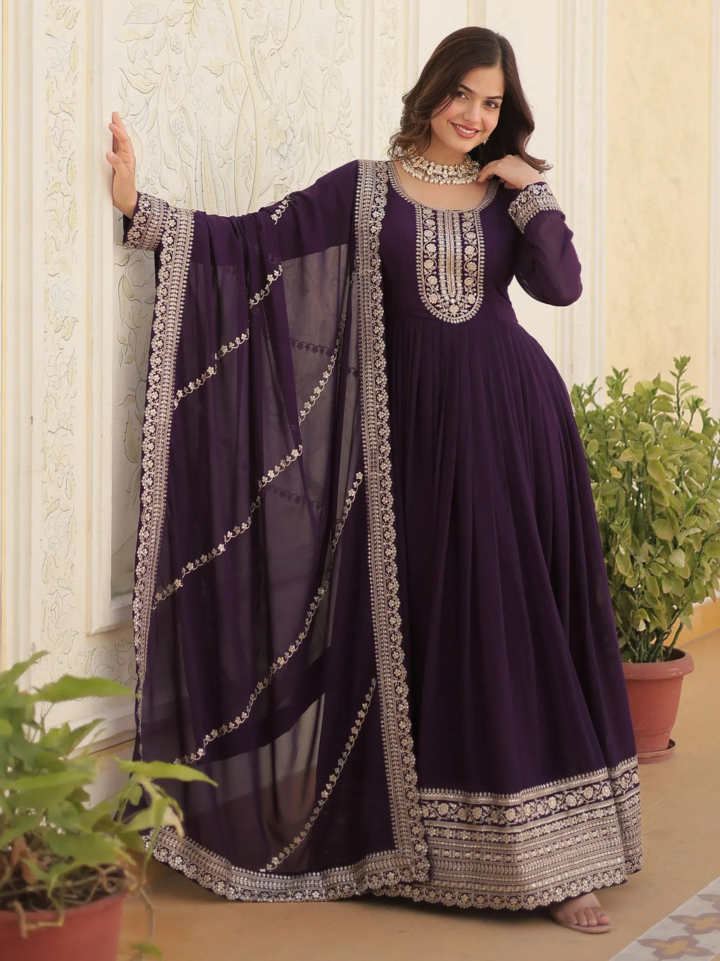 Wine Glamorous Sequins Georgette Wedding Wear Gown With Dupatta