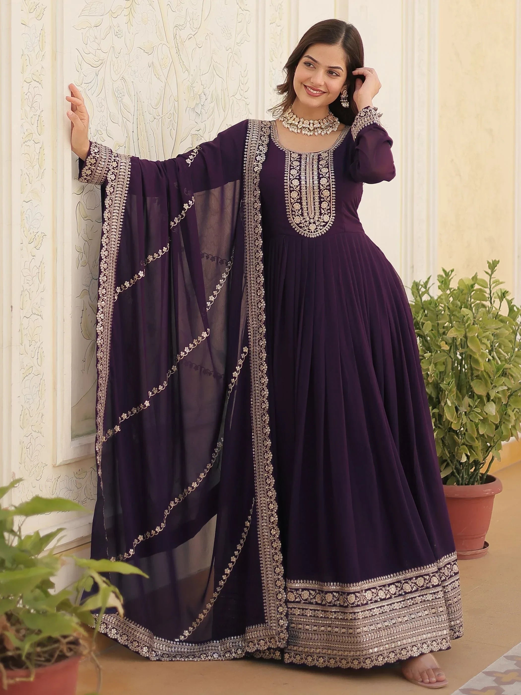 Wine Glamorous Sequins Georgette Wedding Wear Gown With Dupatta