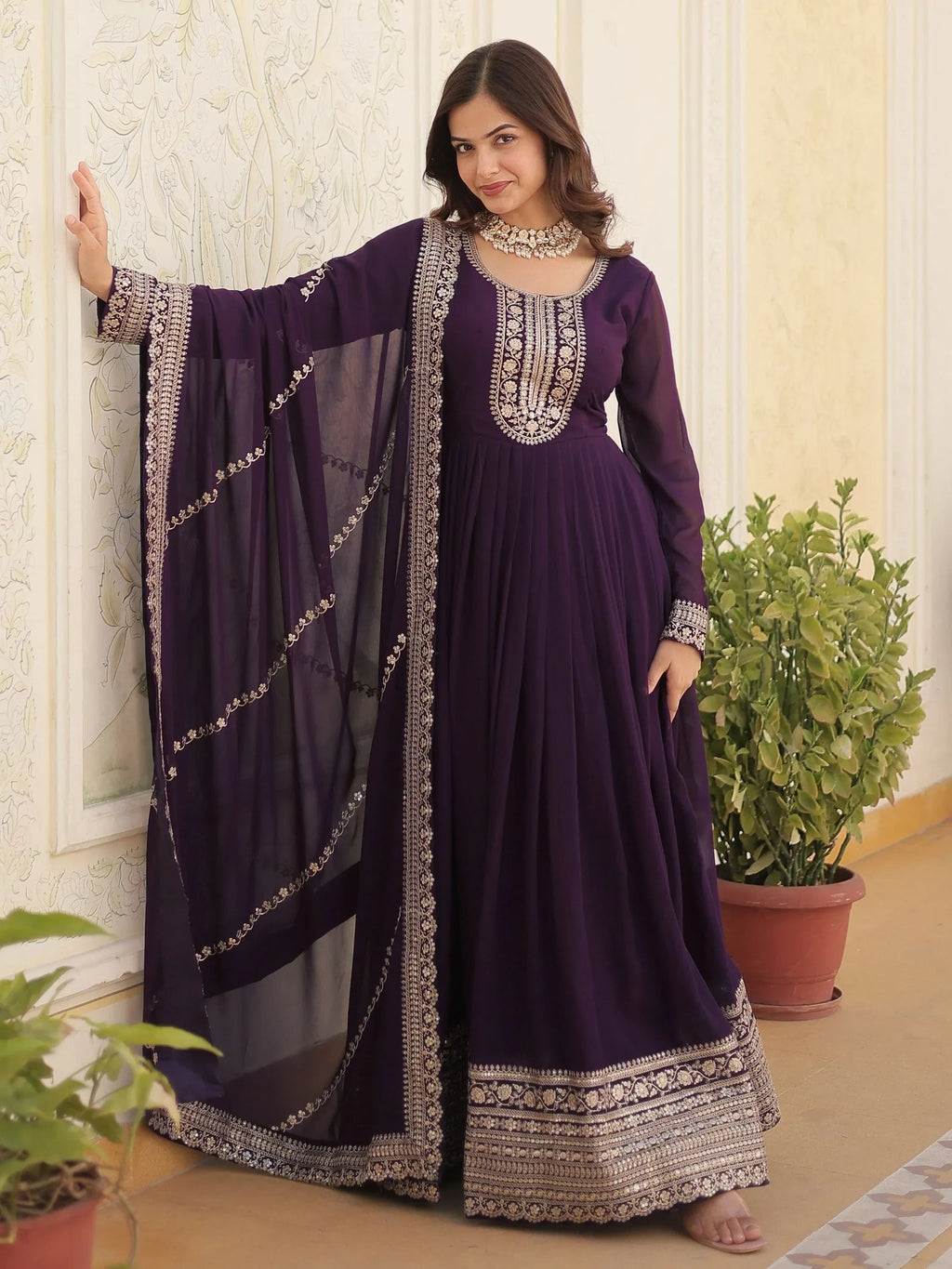 Wine Glamorous Sequins Georgette Wedding Wear Gown With Dupatta