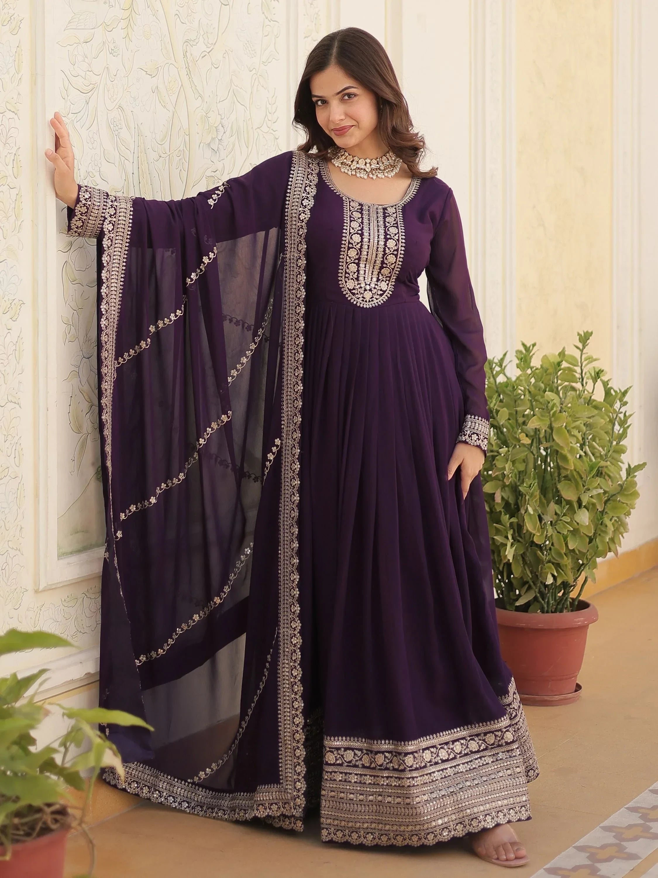 Wine Glamorous Sequins Georgette Wedding Wear Gown With Dupatta