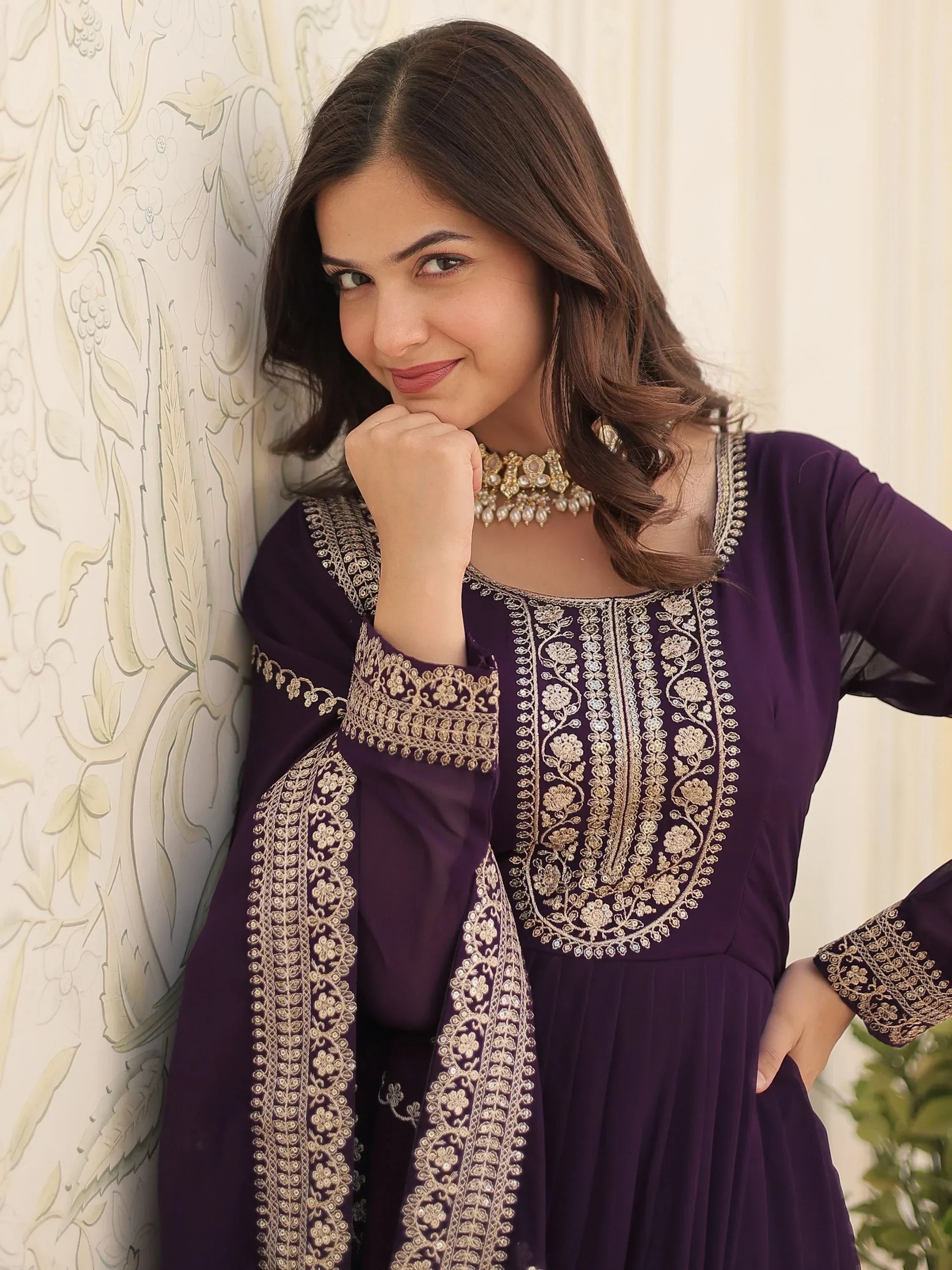 Wine Glamorous Sequins Georgette Wedding Wear Gown With Dupatta