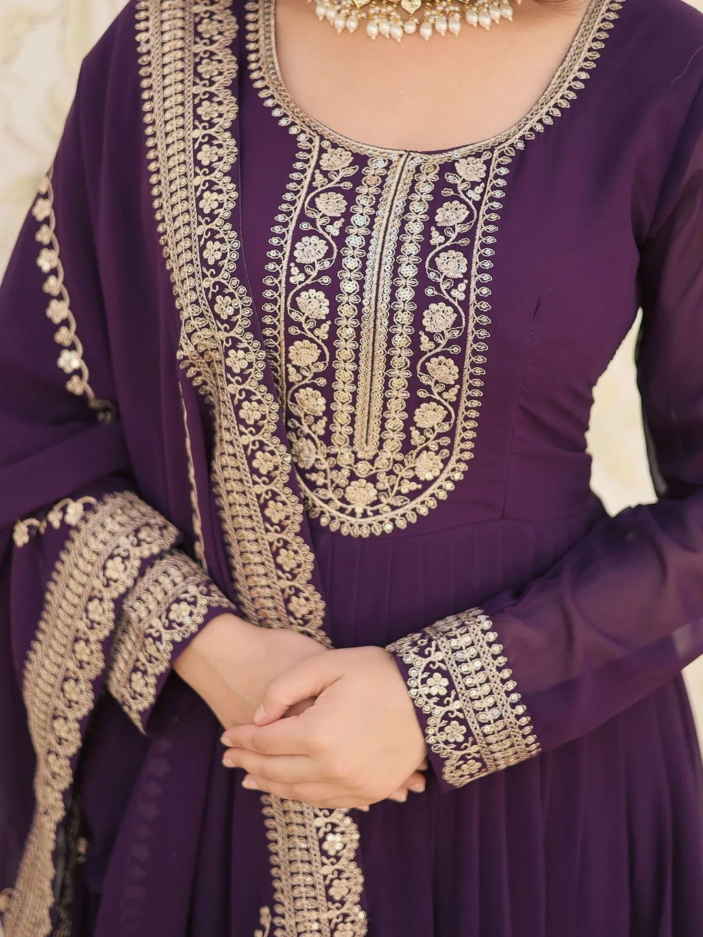 Wine Glamorous Sequins Georgette Wedding Wear Gown With Dupatta