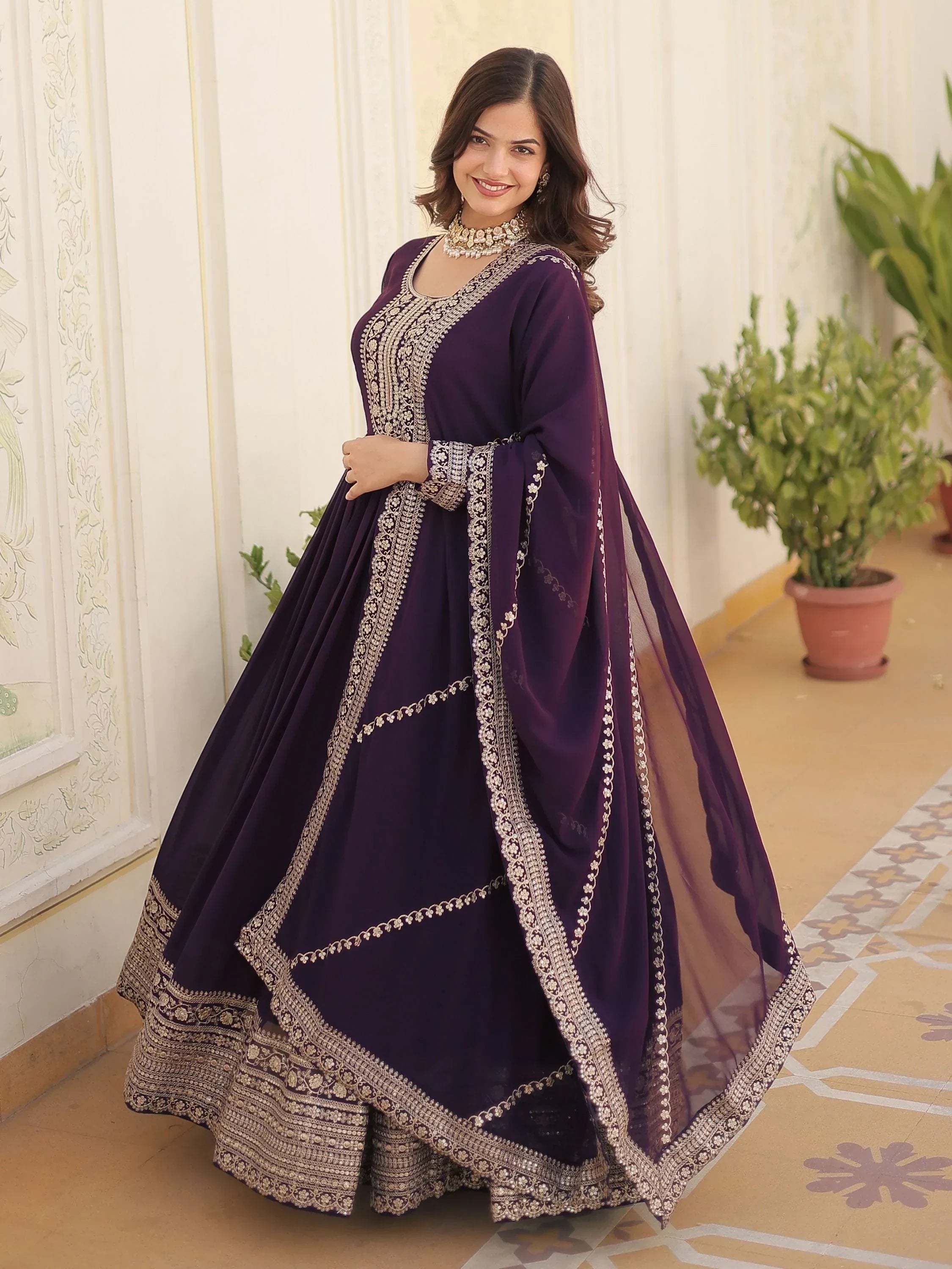 Wine Glamorous Sequins Georgette Wedding Wear Gown With Dupatta