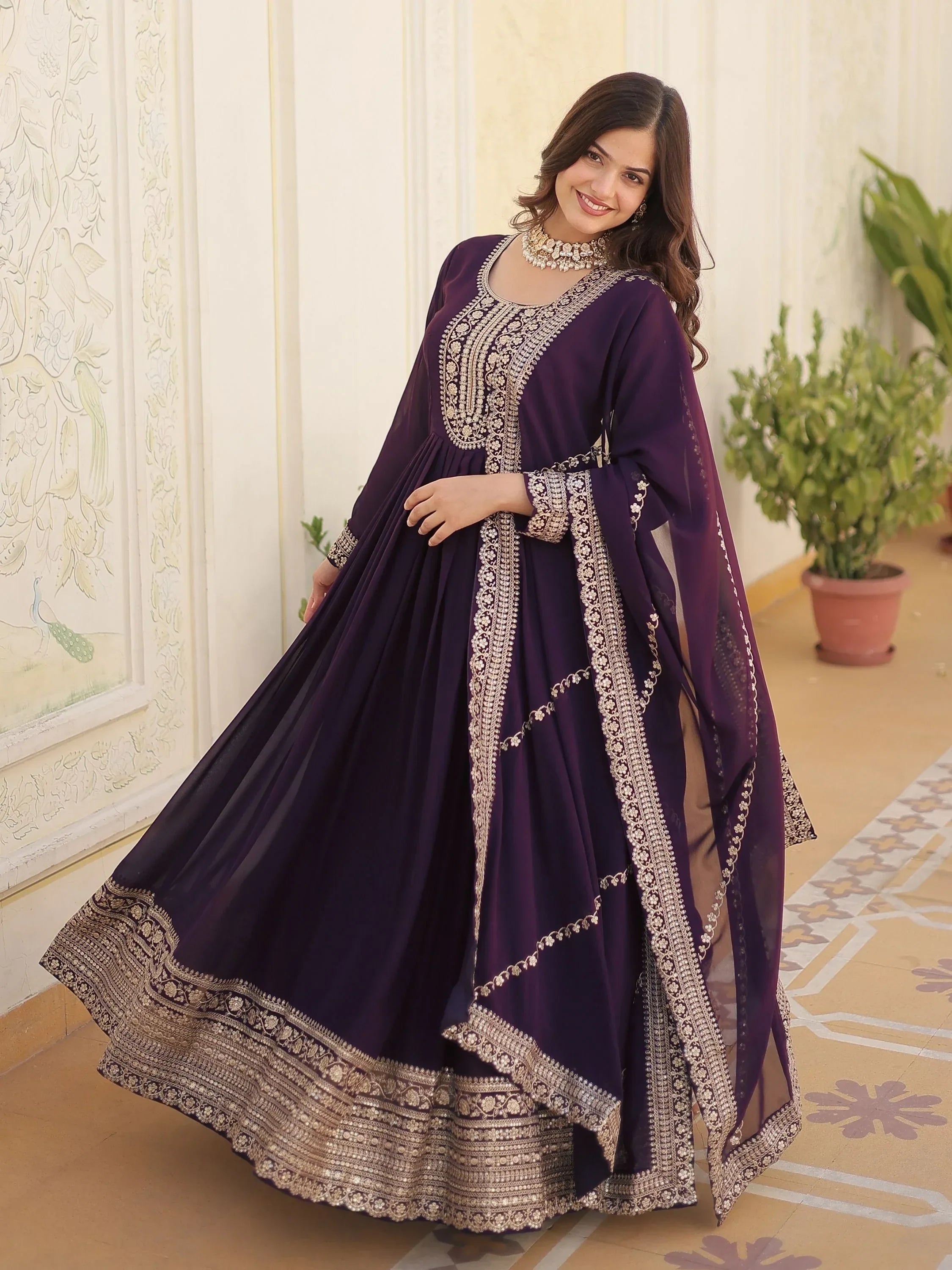 Wine Glamorous Sequins Georgette Wedding Wear Gown With Dupatta