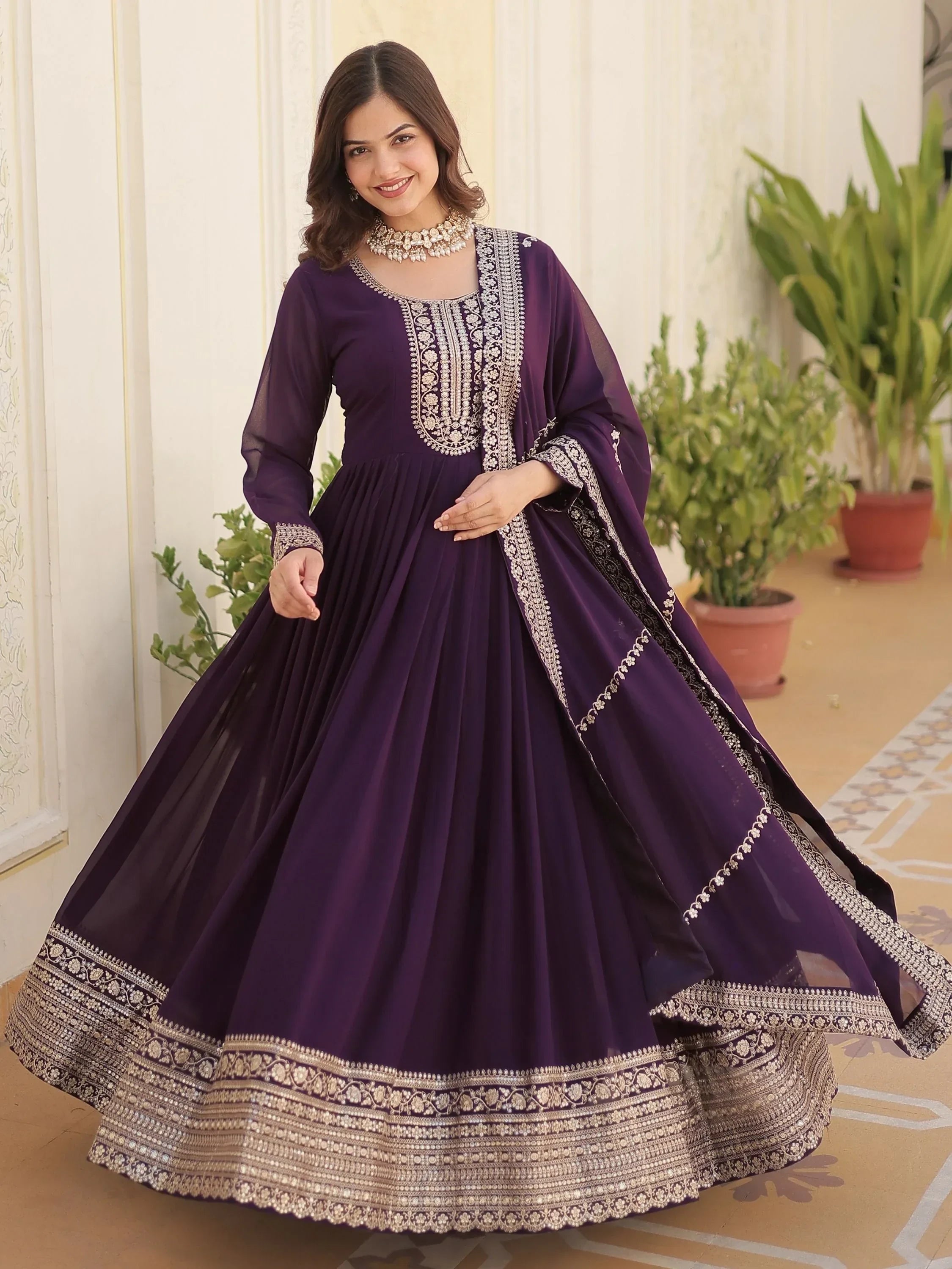 Wine Glamorous Sequins Georgette Wedding Wear Gown With Dupatta