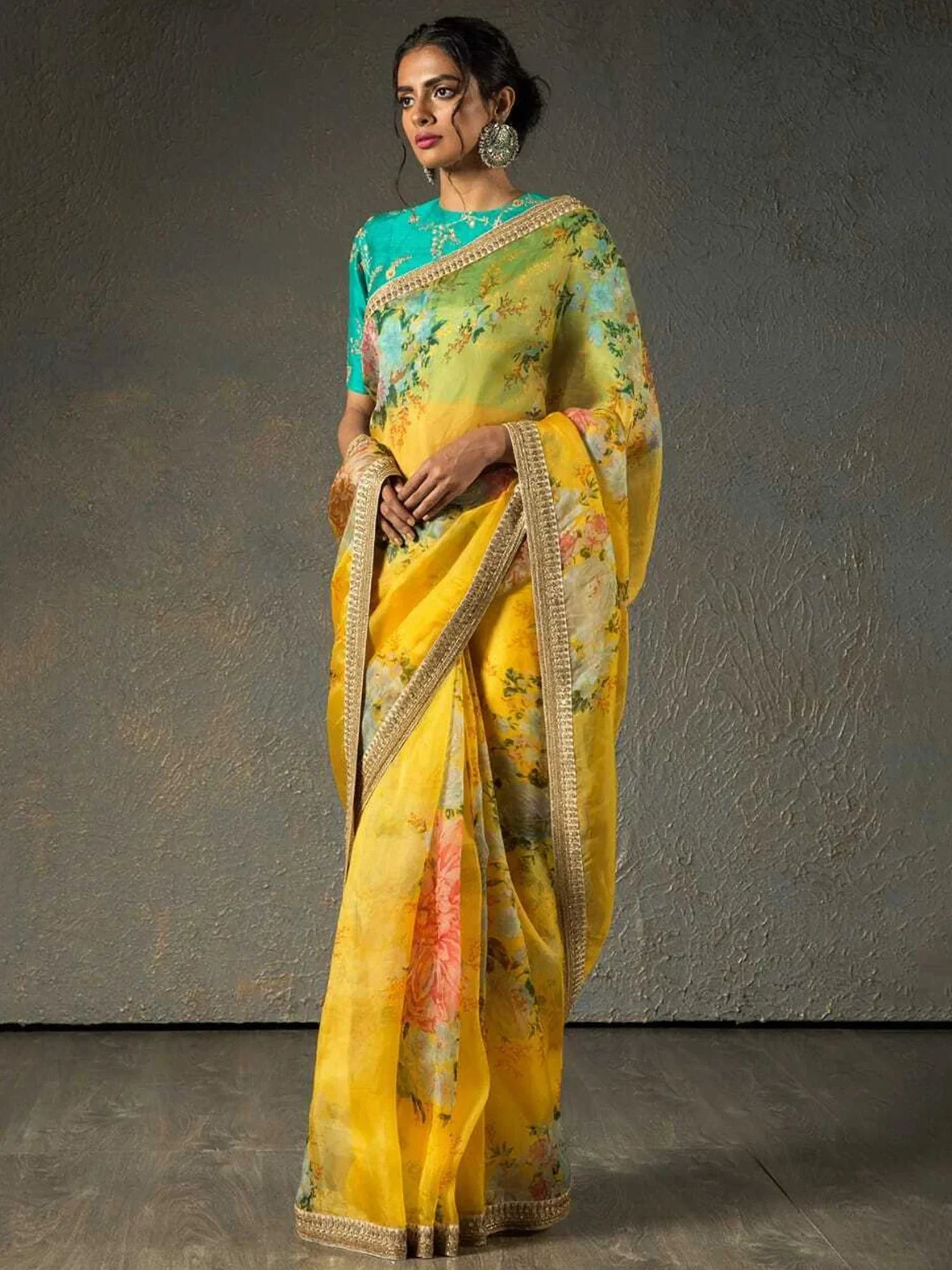 Yellow Sabyasachi Off Floral Orangza Wedding Wear Saree With Blouse