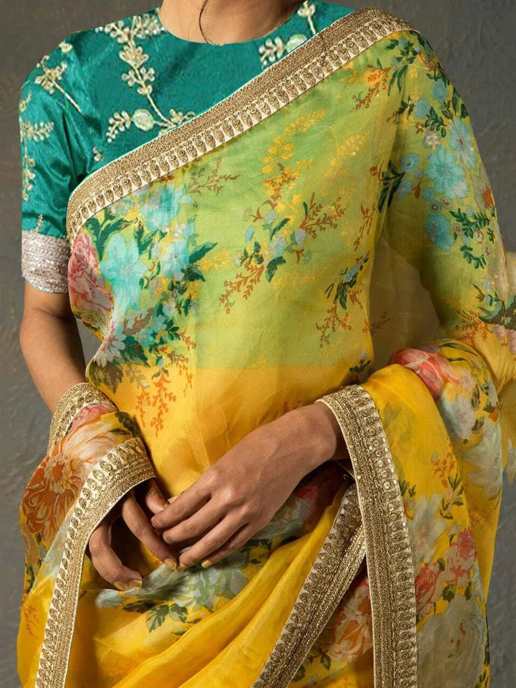 Yellow Sabyasachi Off Floral Orangza Wedding Wear Saree With Blouse