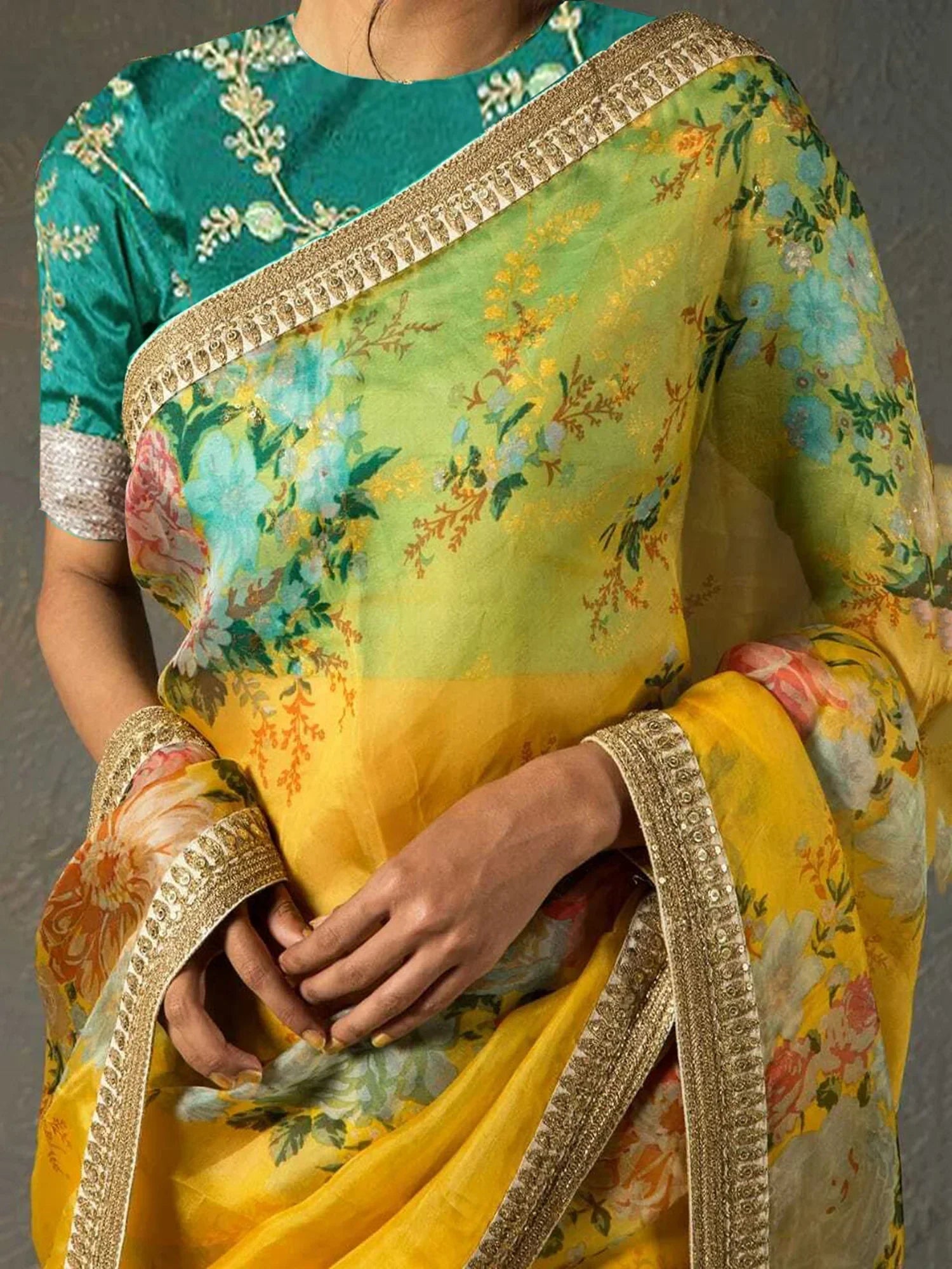 Yellow Sabyasachi Off Floral Orangza Wedding Wear Saree With Blouse