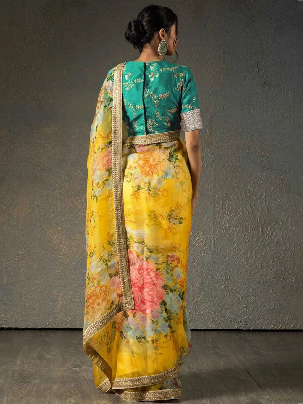 Yellow Sabyasachi Off Floral Orangza Wedding Wear Saree With Blouse