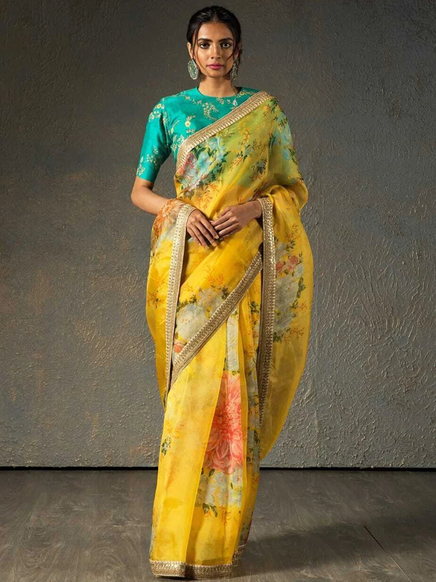 Yellow Sabyasachi Off Floral Orangza Wedding Wear Saree With Blouse