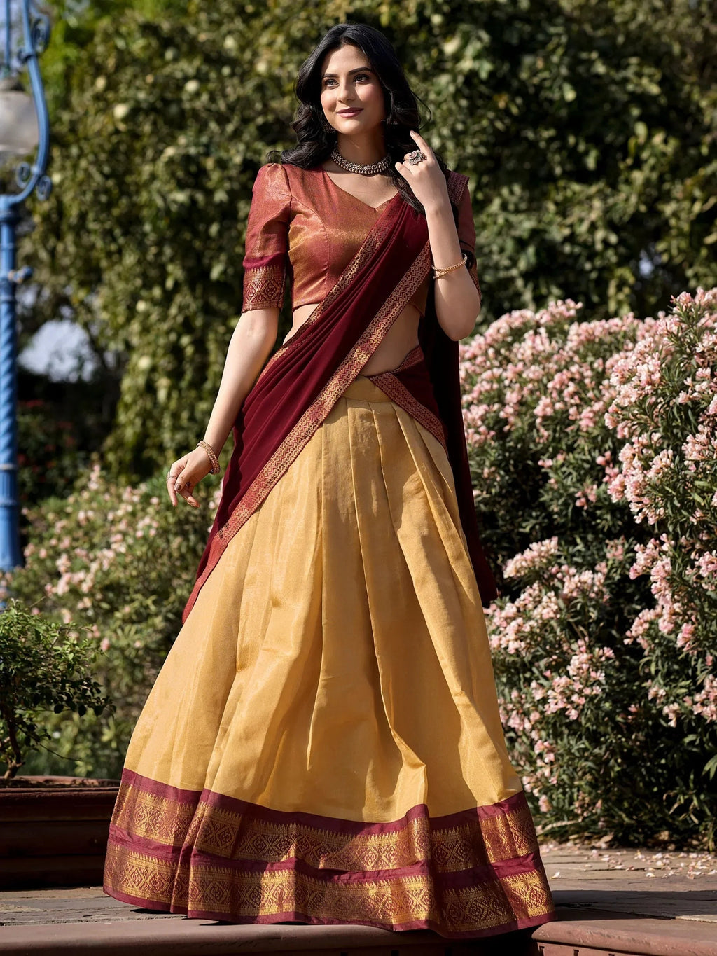 Cream Amazing Zari Weaving Kanchipuram Silk Traditional Lehenga Choli