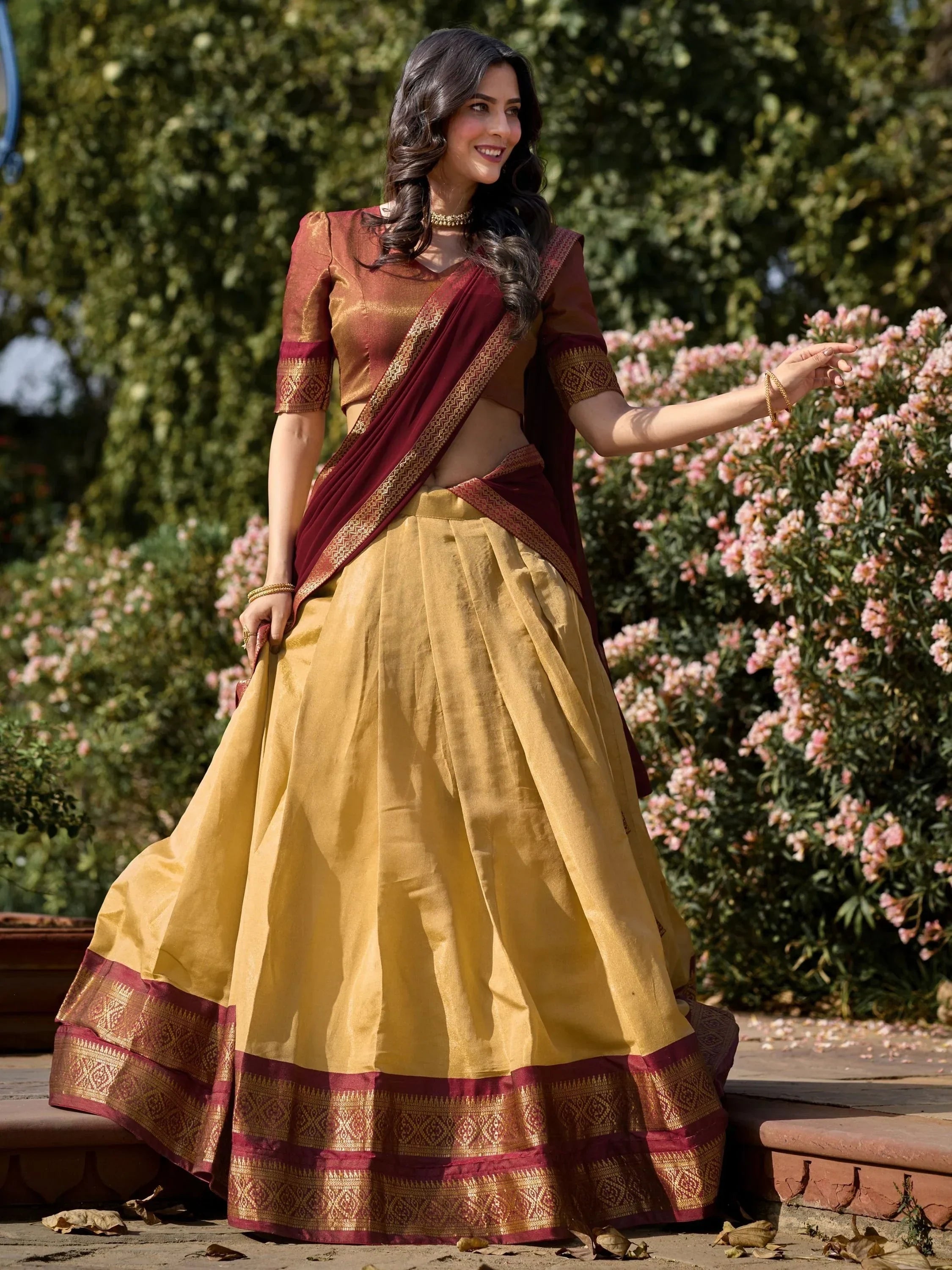 Cream Amazing Zari Weaving Kanchipuram Silk Traditional Lehenga Choli