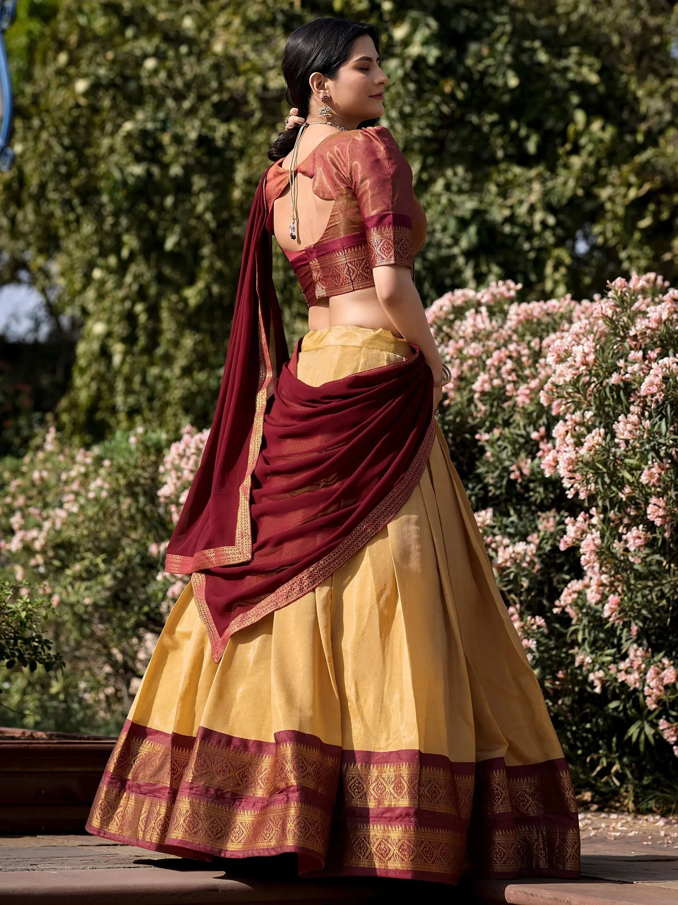 Cream Amazing Zari Weaving Kanchipuram Silk Traditional Lehenga Choli