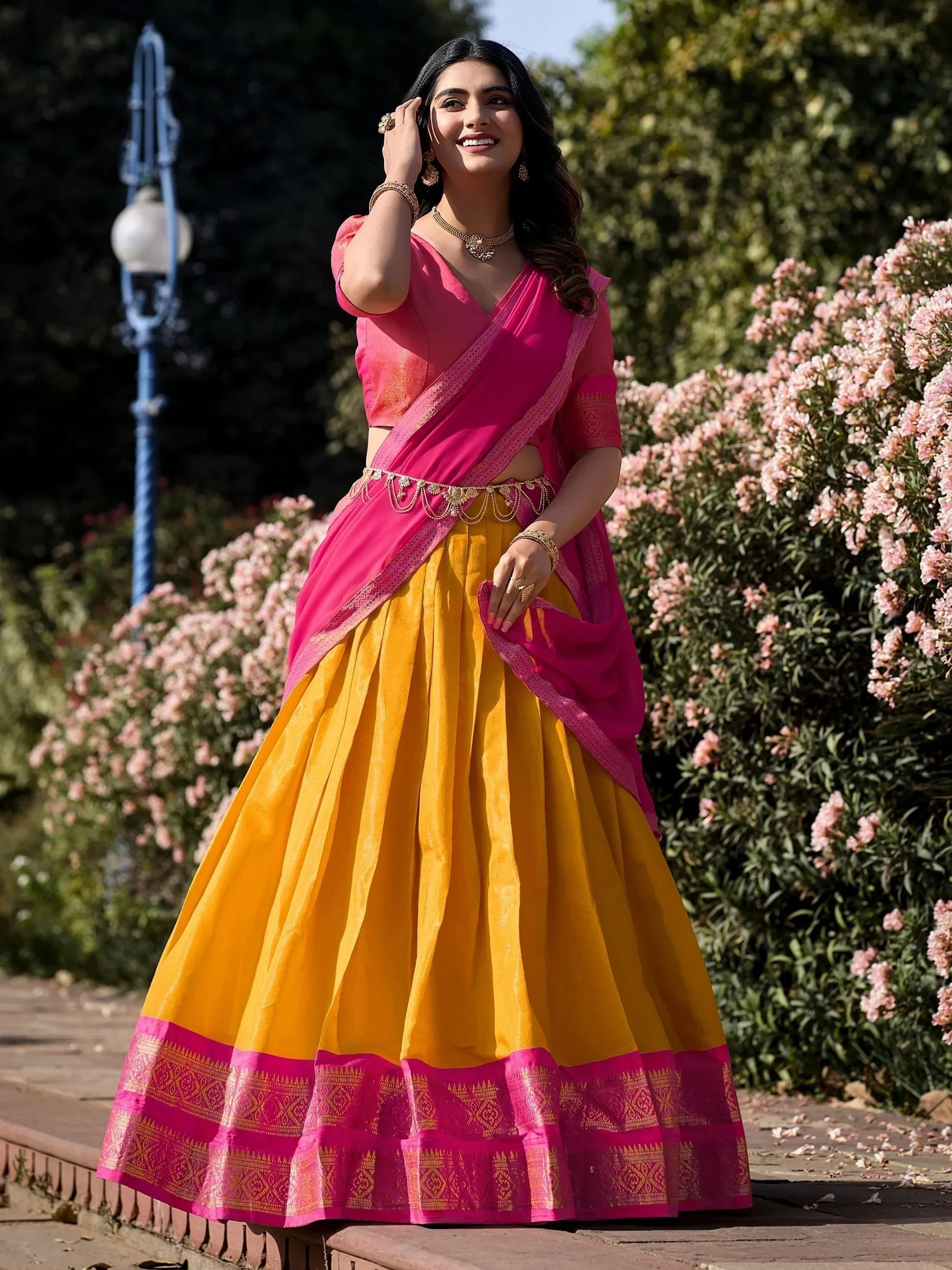 Mustard Amazing Zari Weaving Kanchipuram Silk Traditional Lehenga Choli