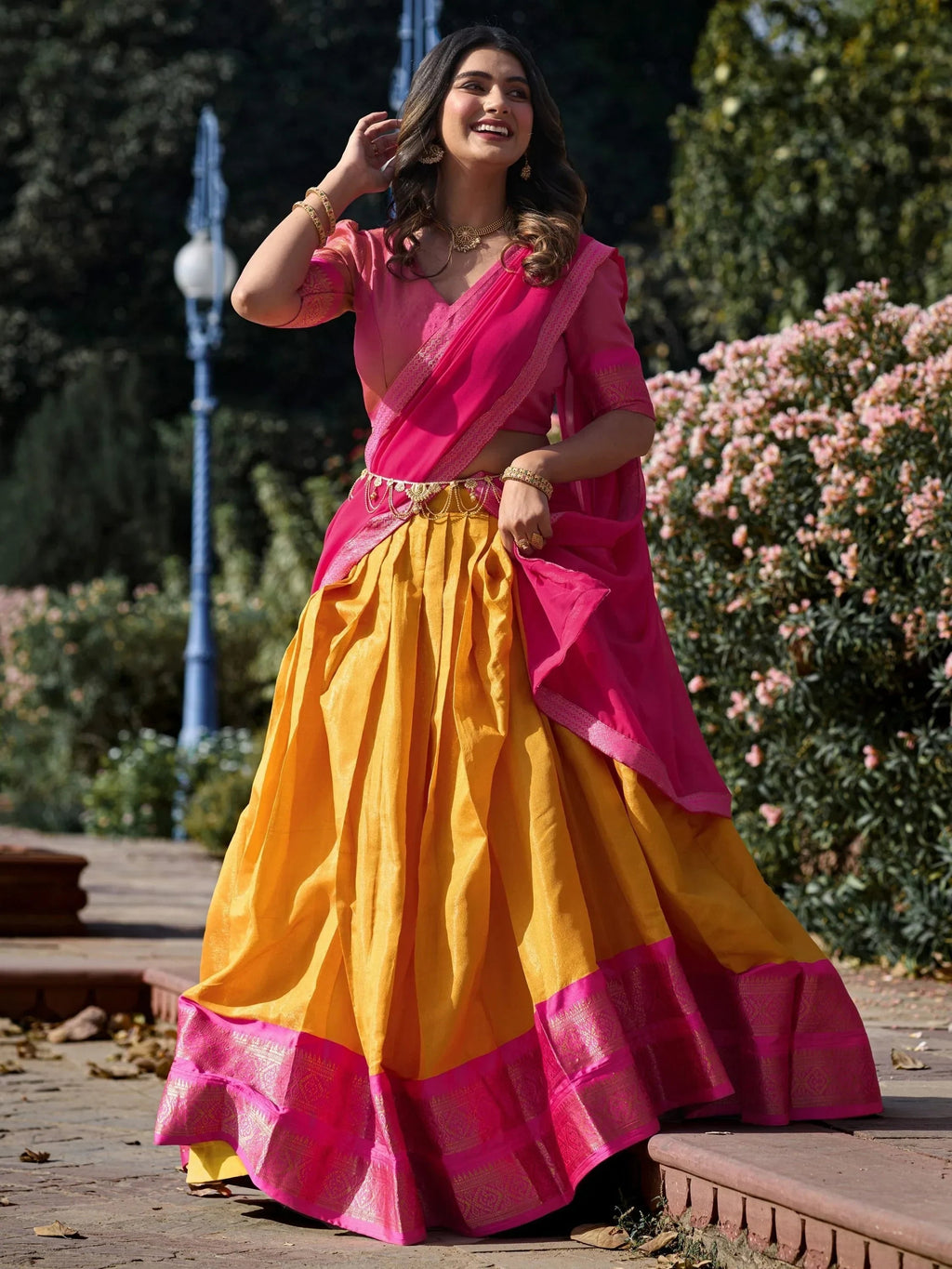 Mustard Amazing Zari Weaving Kanchipuram Silk Traditional Lehenga Choli