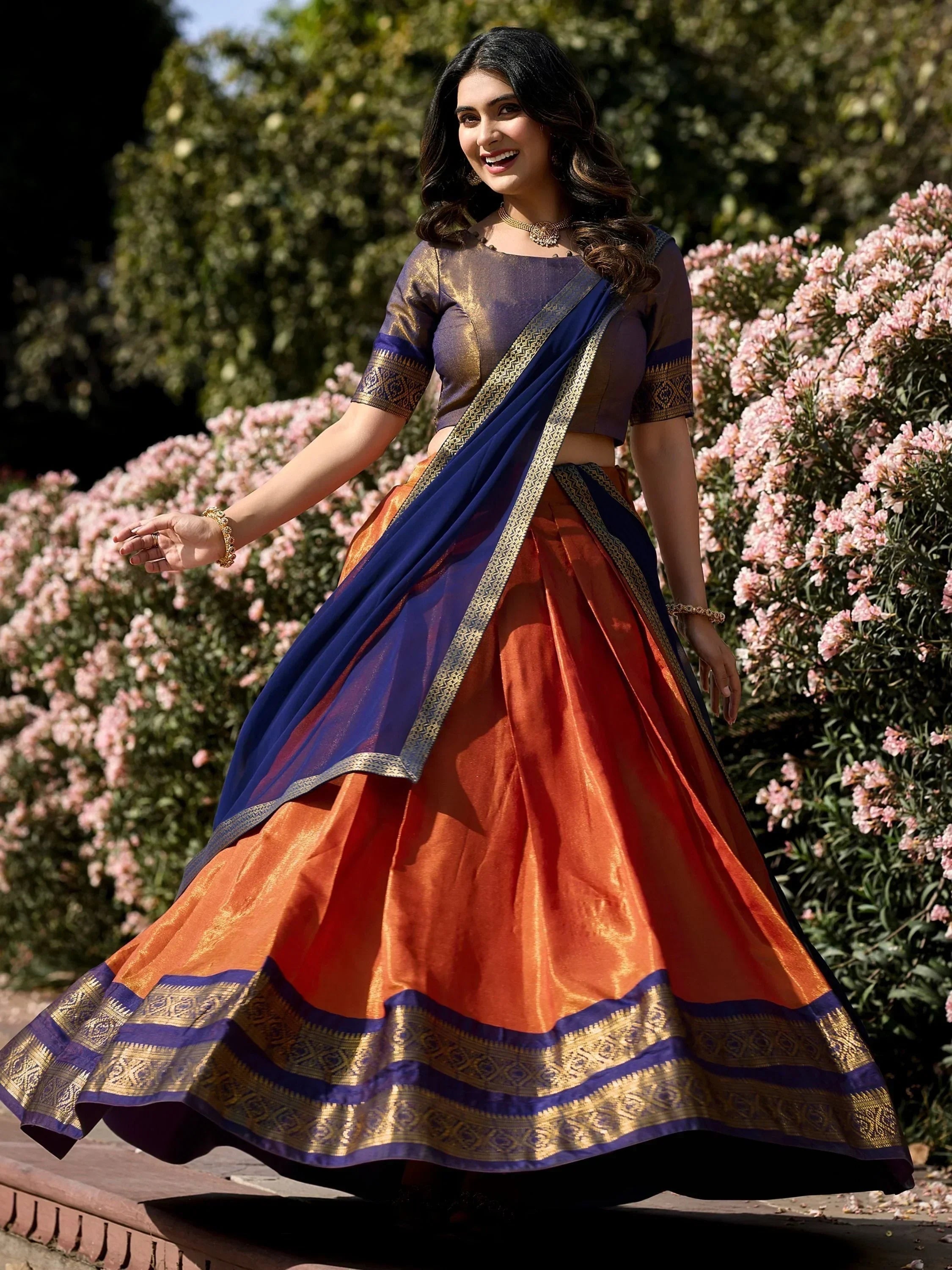 Orange Amazing Zari Weaving Kanchipuram Silk Traditional Lehenga Choli