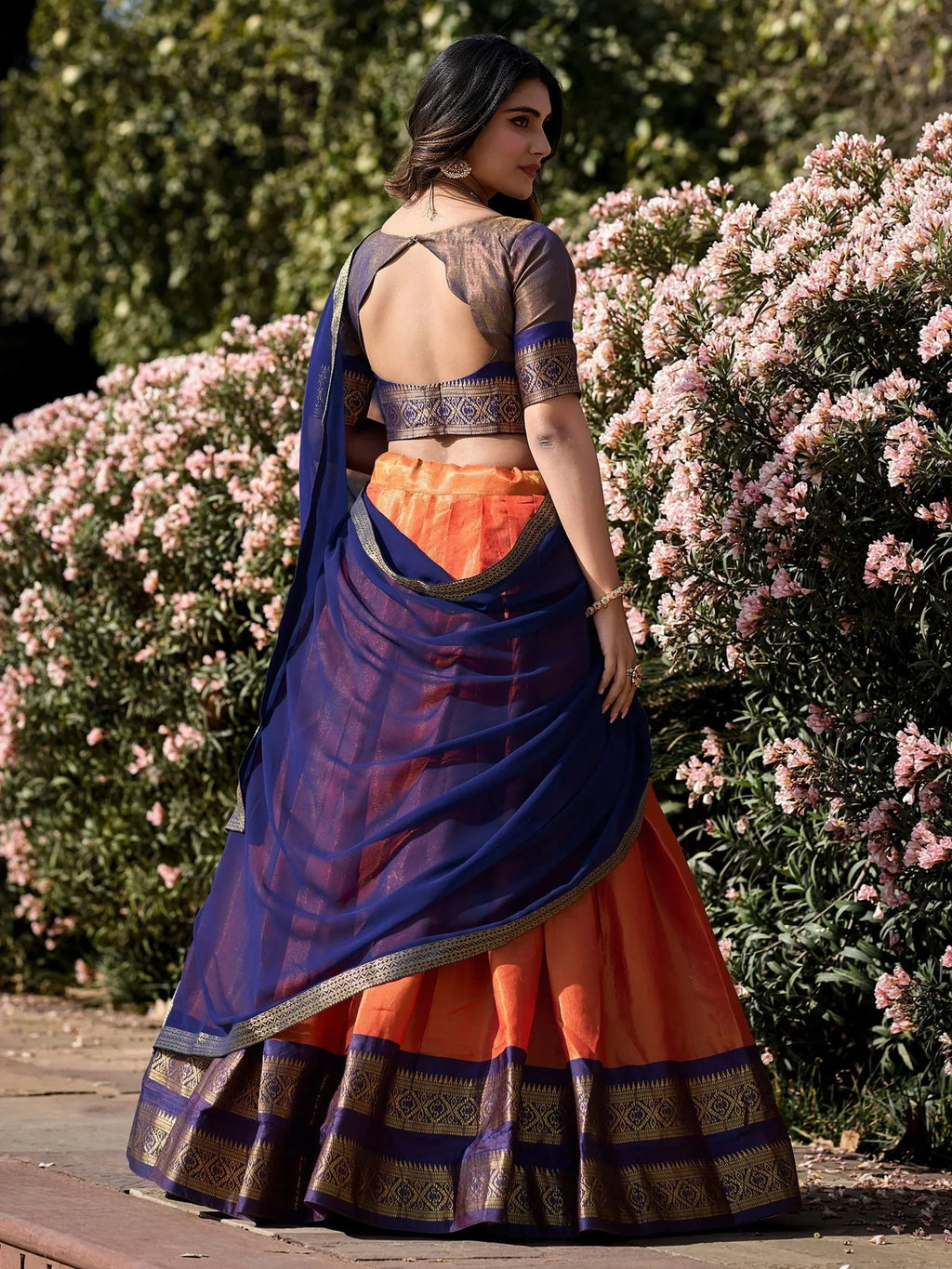 Orange Amazing Zari Weaving Kanchipuram Silk Traditional Lehenga Choli