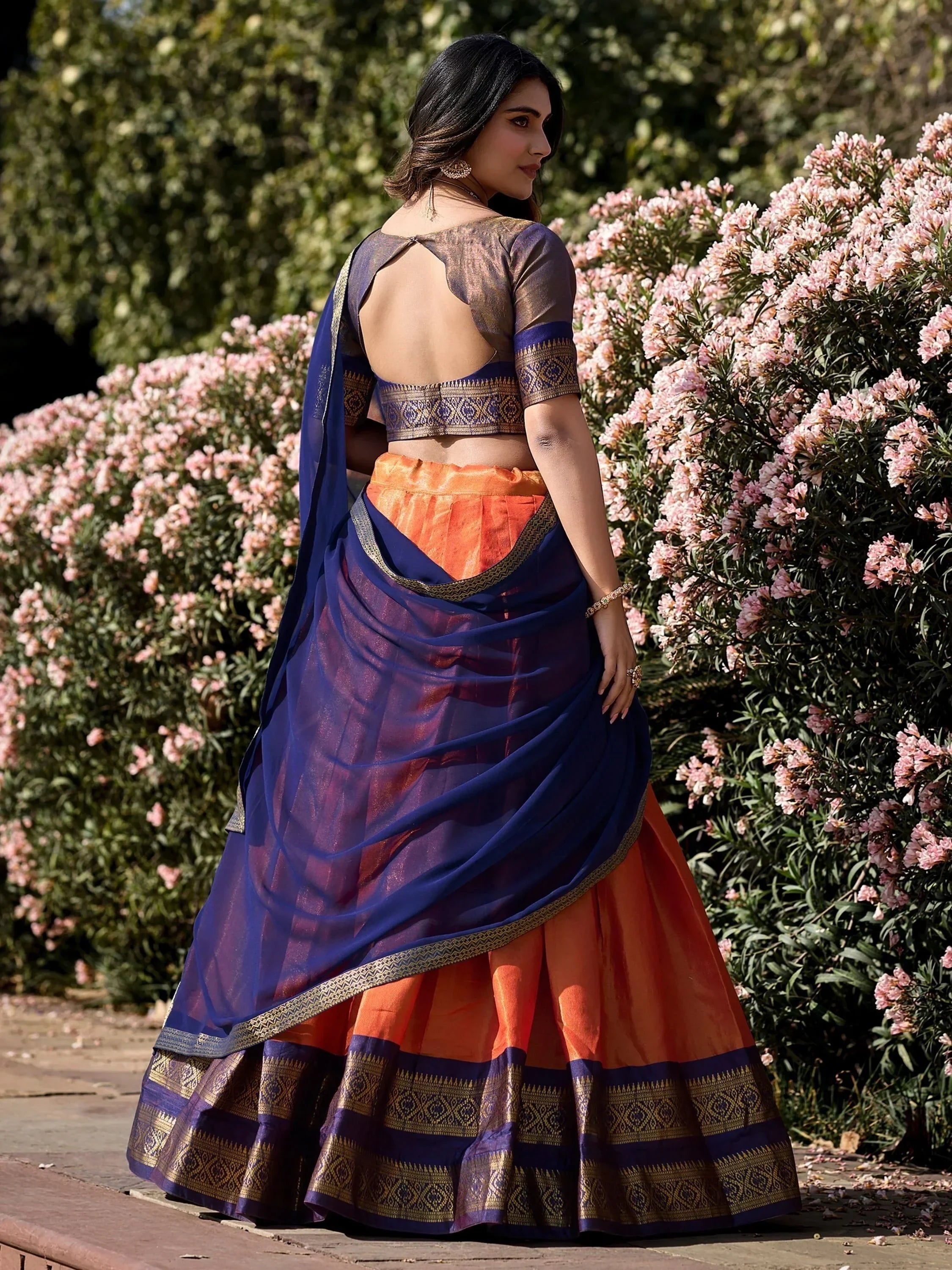 Orange Amazing Zari Weaving Kanchipuram Silk Traditional Lehenga Choli