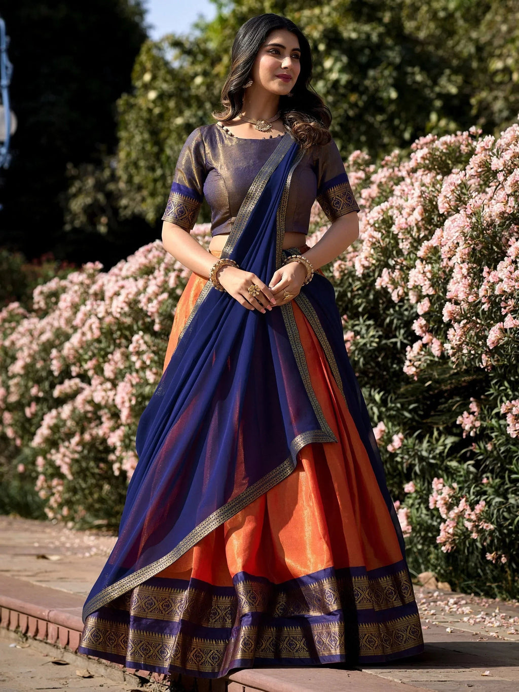 Orange Amazing Zari Weaving Kanchipuram Silk Traditional Lehenga Choli