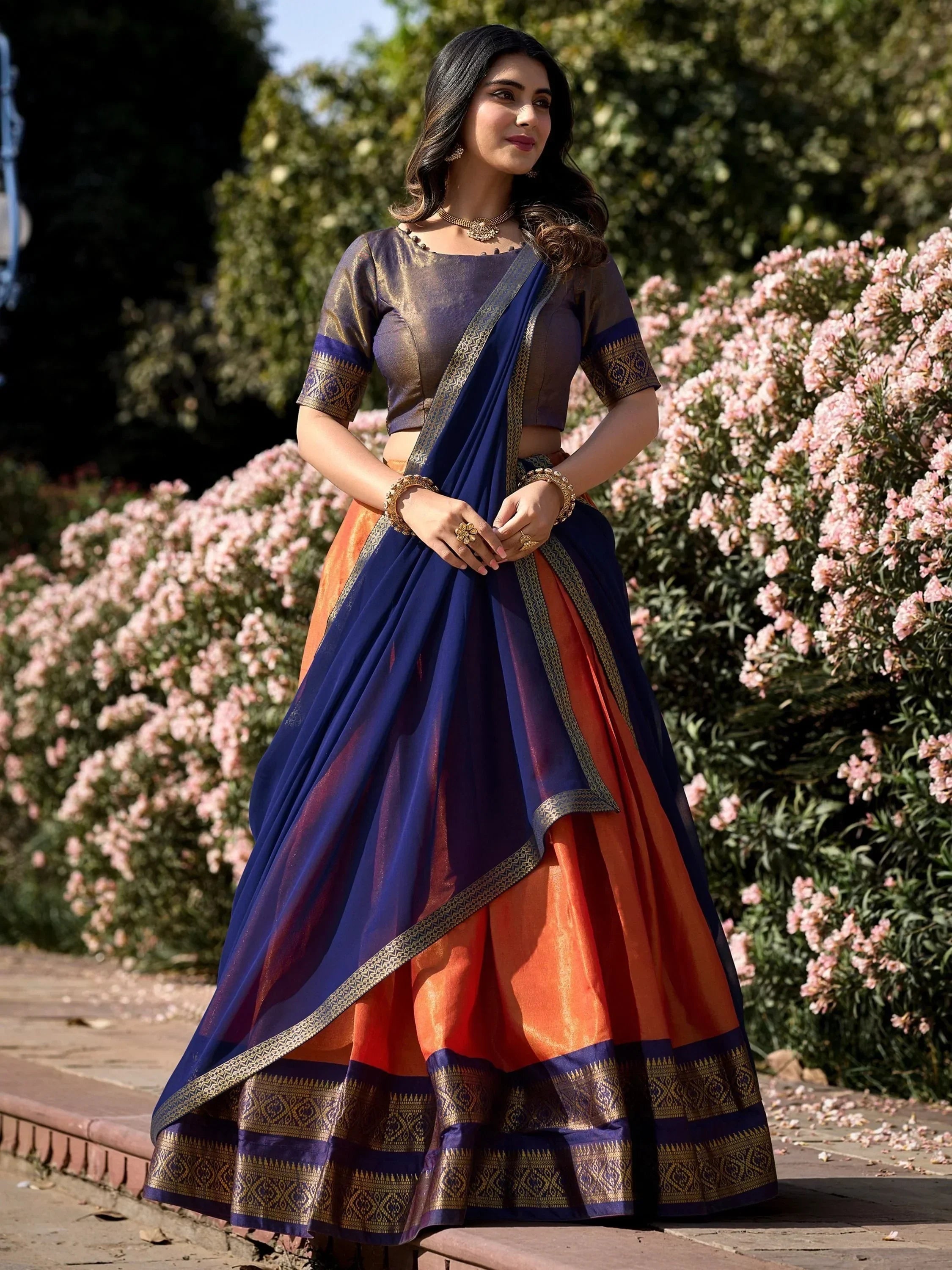 Orange Amazing Zari Weaving Kanchipuram Silk Traditional Lehenga Choli
