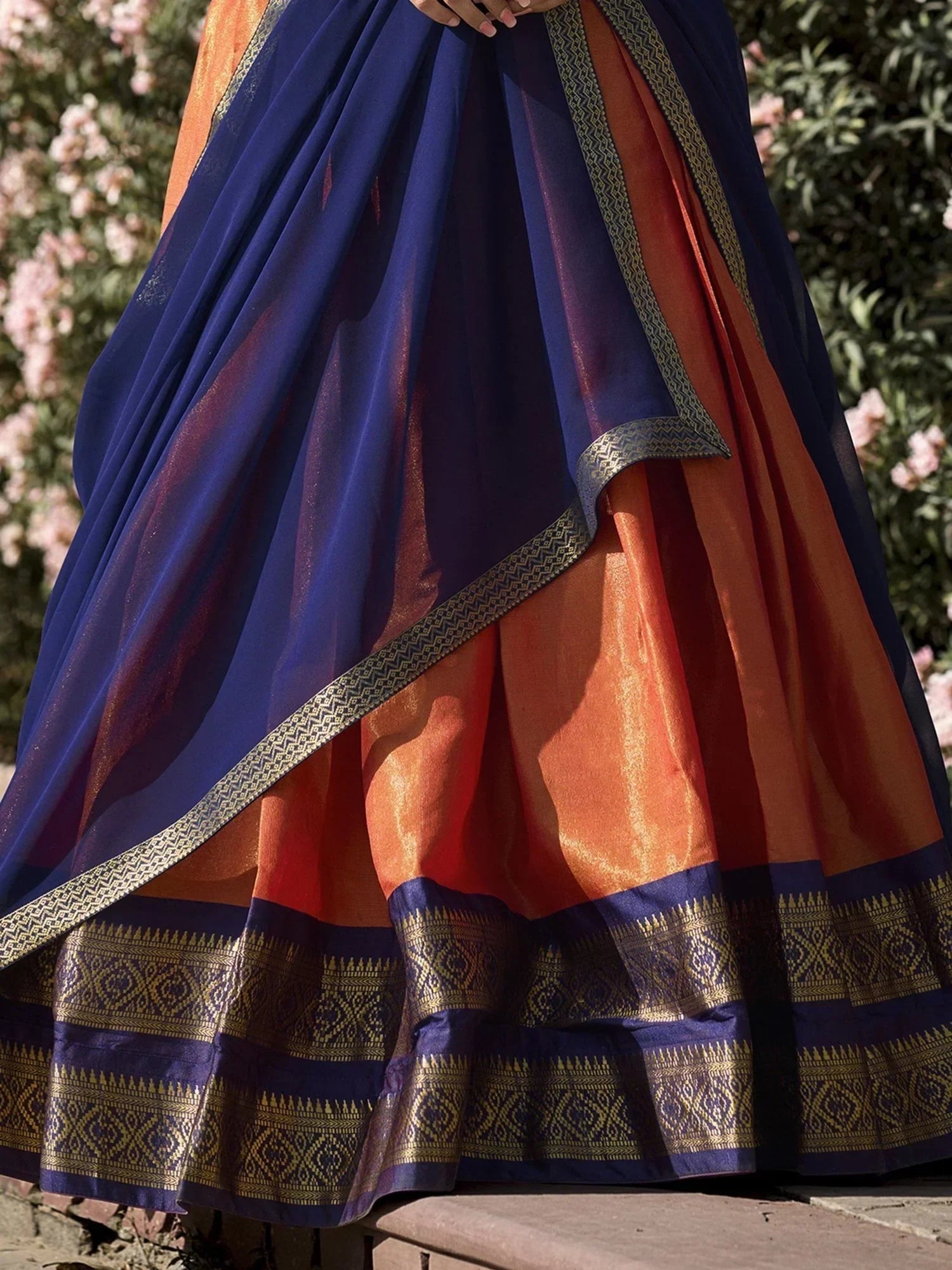 Orange Amazing Zari Weaving Kanchipuram Silk Traditional Lehenga Choli