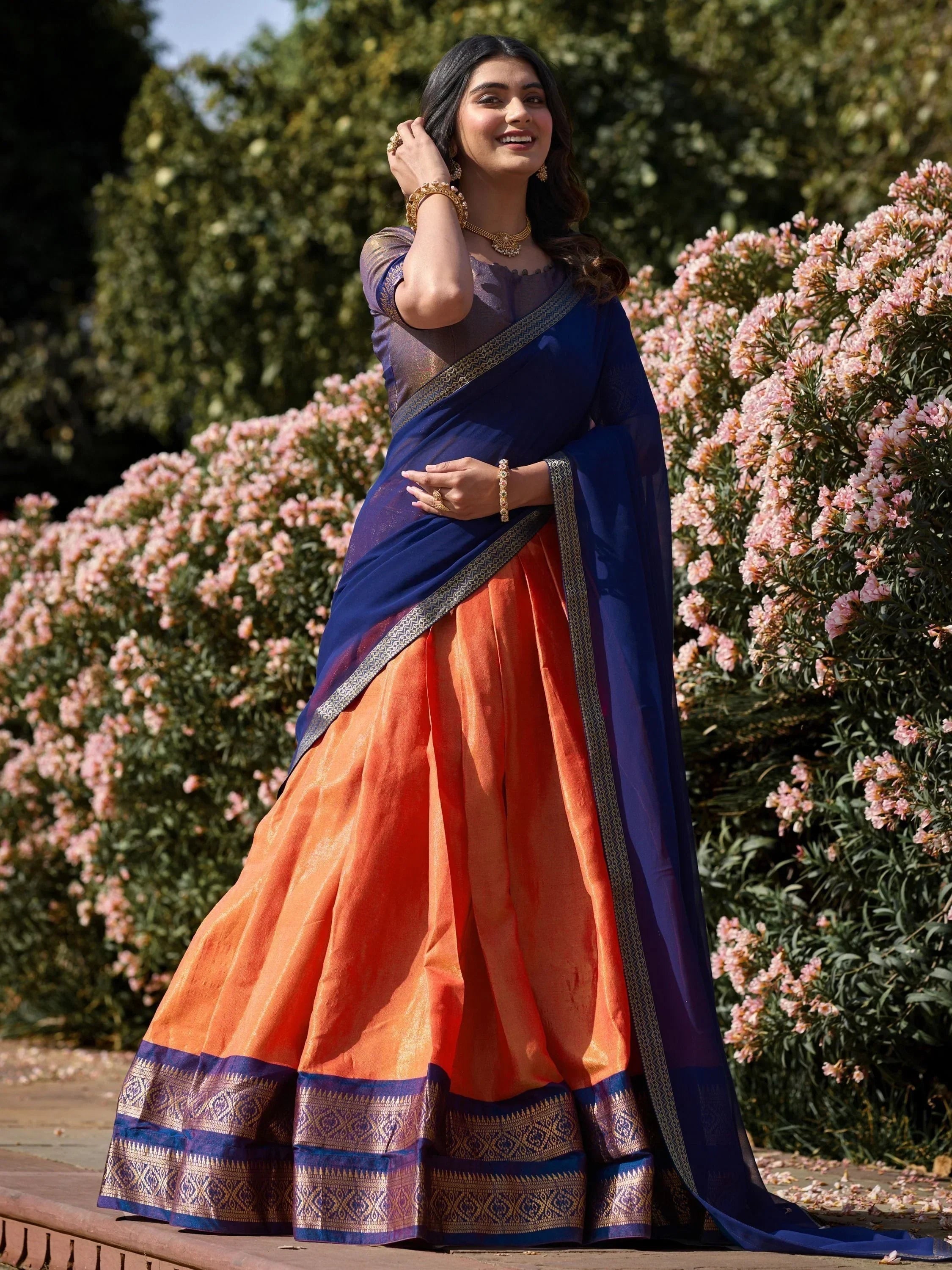 Orange Amazing Zari Weaving Kanchipuram Silk Traditional Lehenga Choli